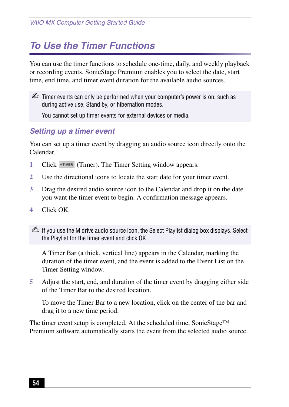Setting up a timer event, To use the timer functions | Sony PCV-MXS10 User Manual | Page 54 / 105