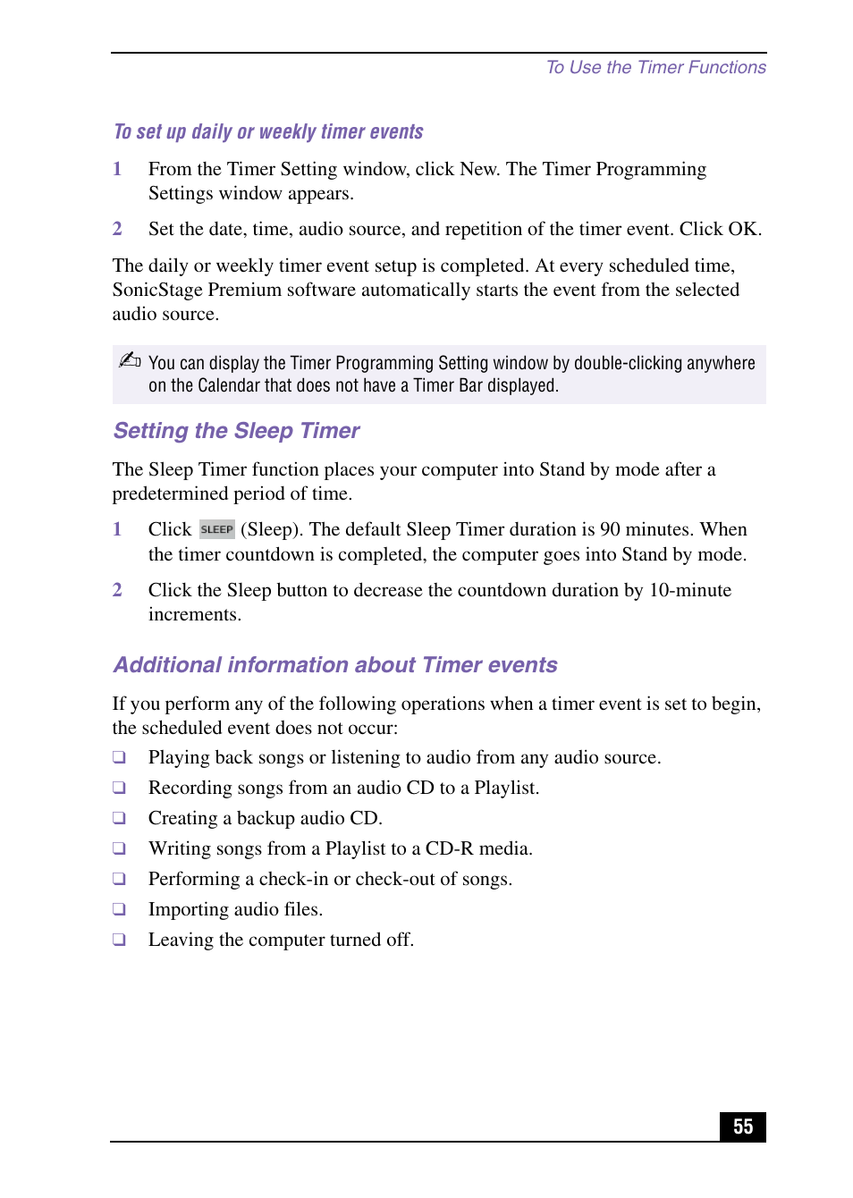 Setting the sleep timer, Additional information about timer events | Sony PCV-MXS10 User Manual | Page 55 / 105