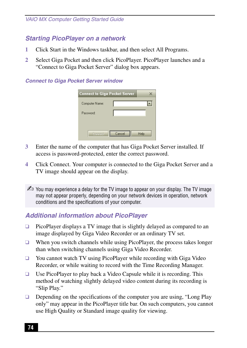 Starting picoplayer on a network, Additional information about picoplayer | Sony PCV-MXS10 User Manual | Page 74 / 105