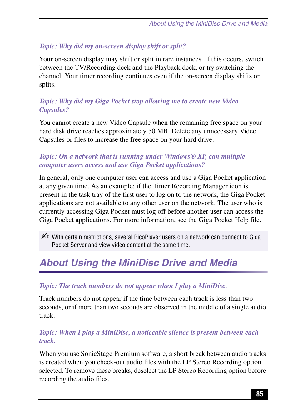 About using the minidisc drive and media | Sony PCV-MXS10 User Manual | Page 85 / 105