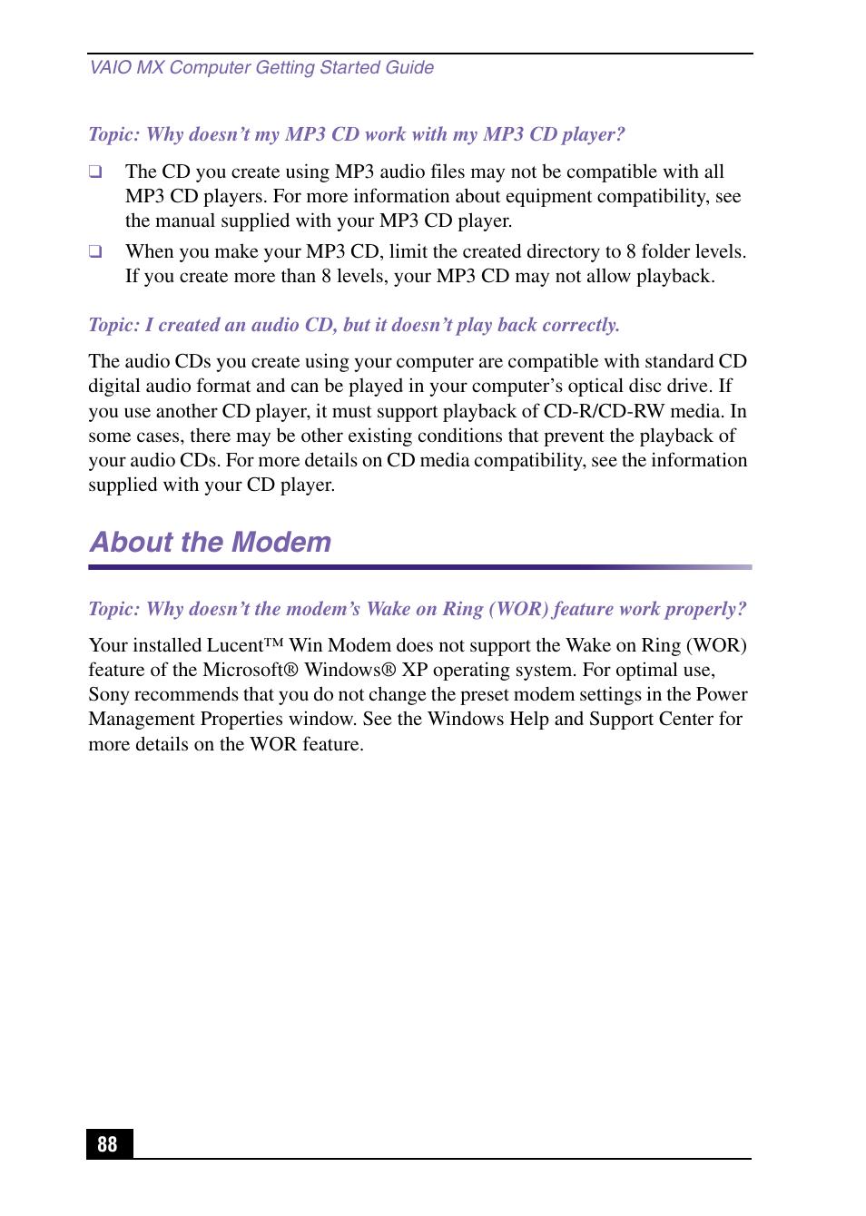 About the modem | Sony PCV-MXS10 User Manual | Page 88 / 105