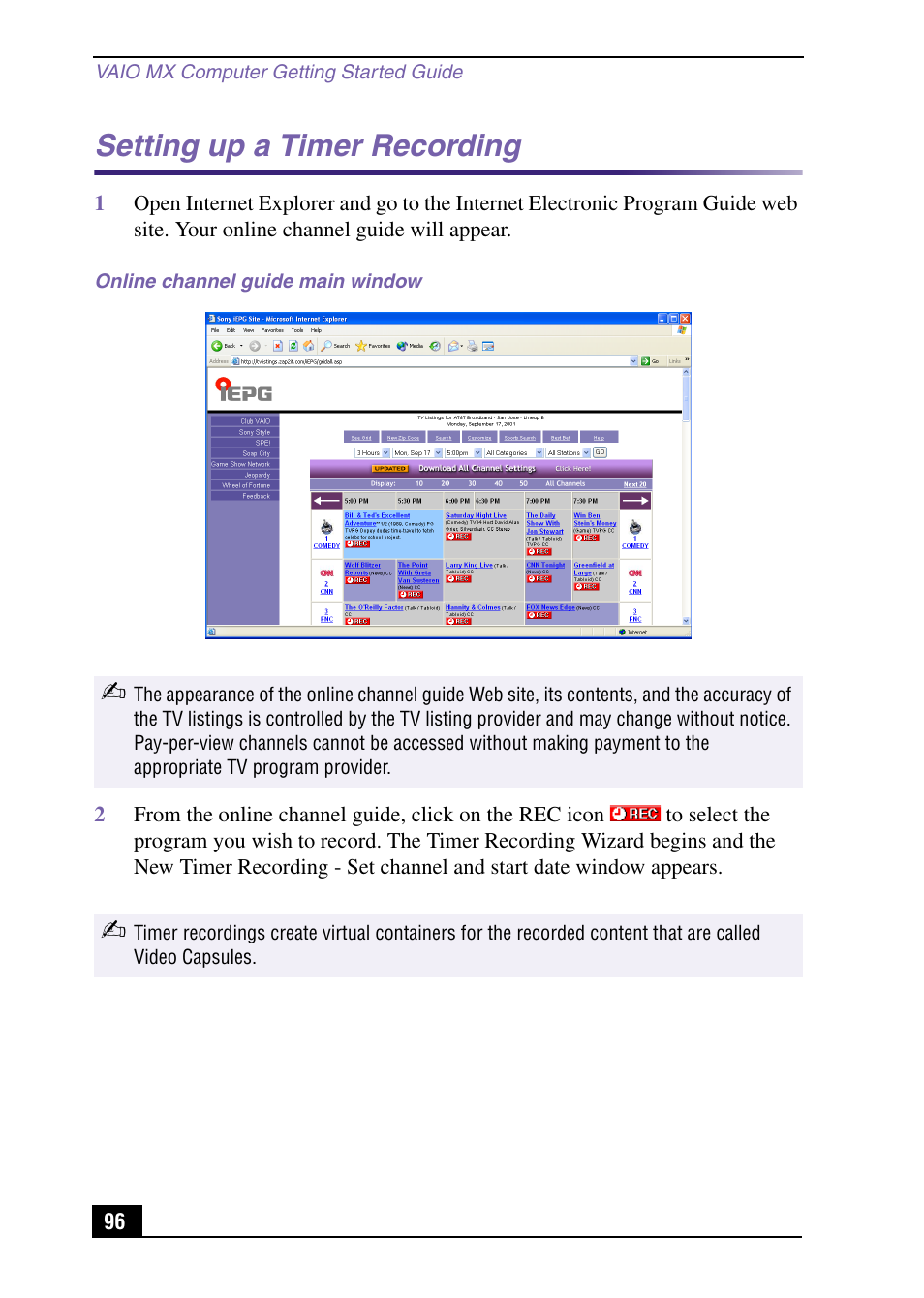 Setting up a timer recording | Sony PCV-MXS10 User Manual | Page 96 / 105