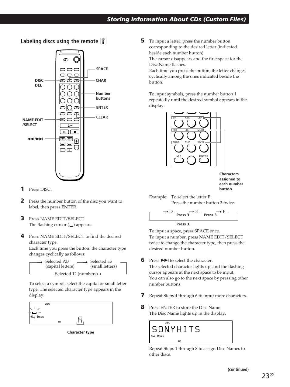 Storing information about cds (custom files), Labeling discs using the remote z 5 | Sony CDP-M400CS User Manual | Page 23 / 36