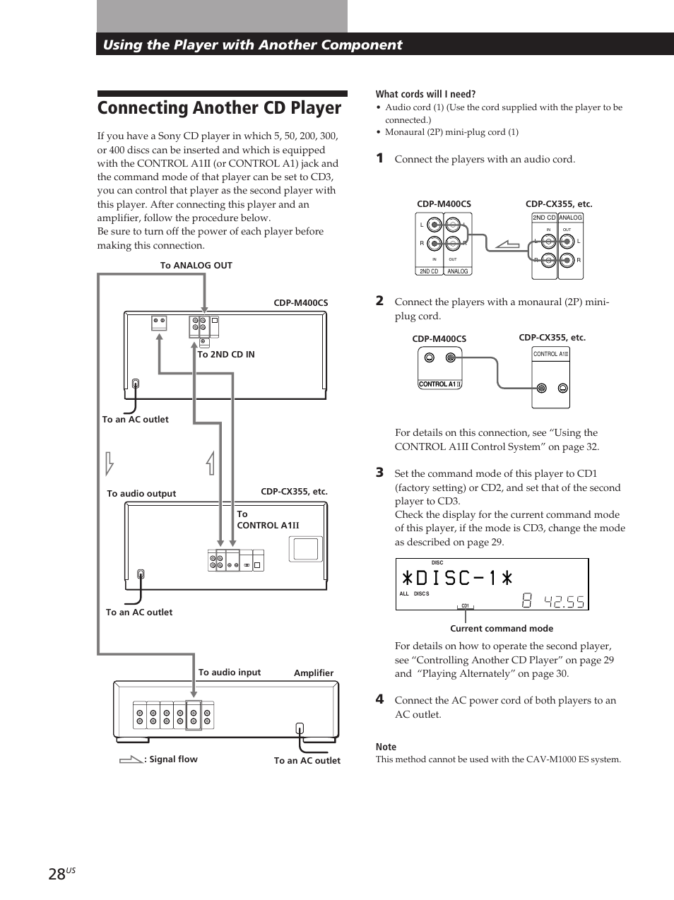 Connecting another cd player, Using the player with another component | Sony CDP-M400CS User Manual | Page 28 / 36