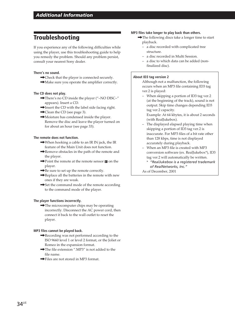 Troubleshooting, Additional information | Sony CDP-M400CS User Manual | Page 34 / 36