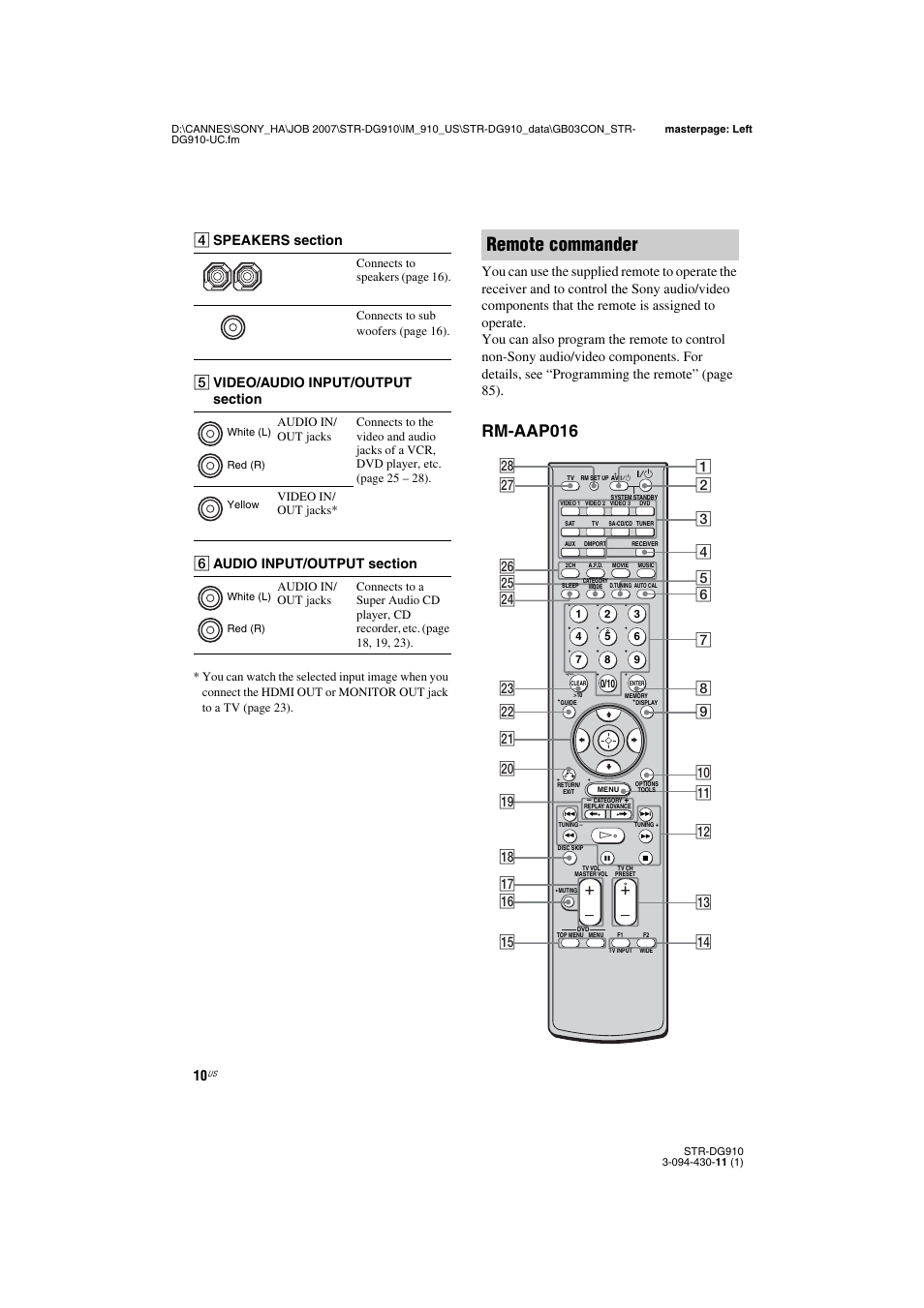 Remote commander, Rm-aap016 | Sony STR-DG910 User Manual | Page 10 / 100