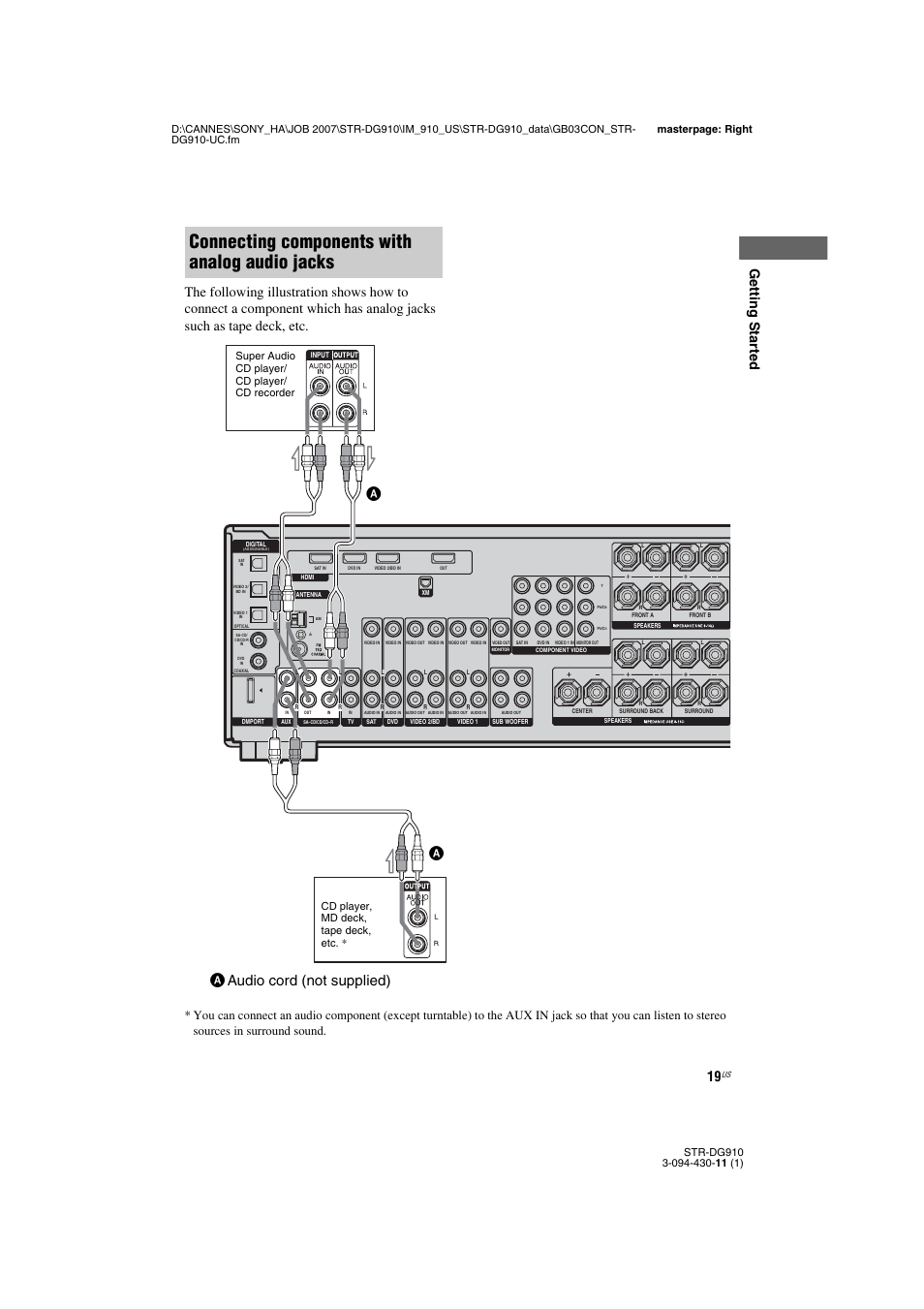 Connecting components with analog audio jacks, Aaudio cord (not supplied) a, Super audio cd player/ cd player/ cd recorder | Cd player, md deck, tape deck, etc | Sony STR-DG910 User Manual | Page 19 / 100