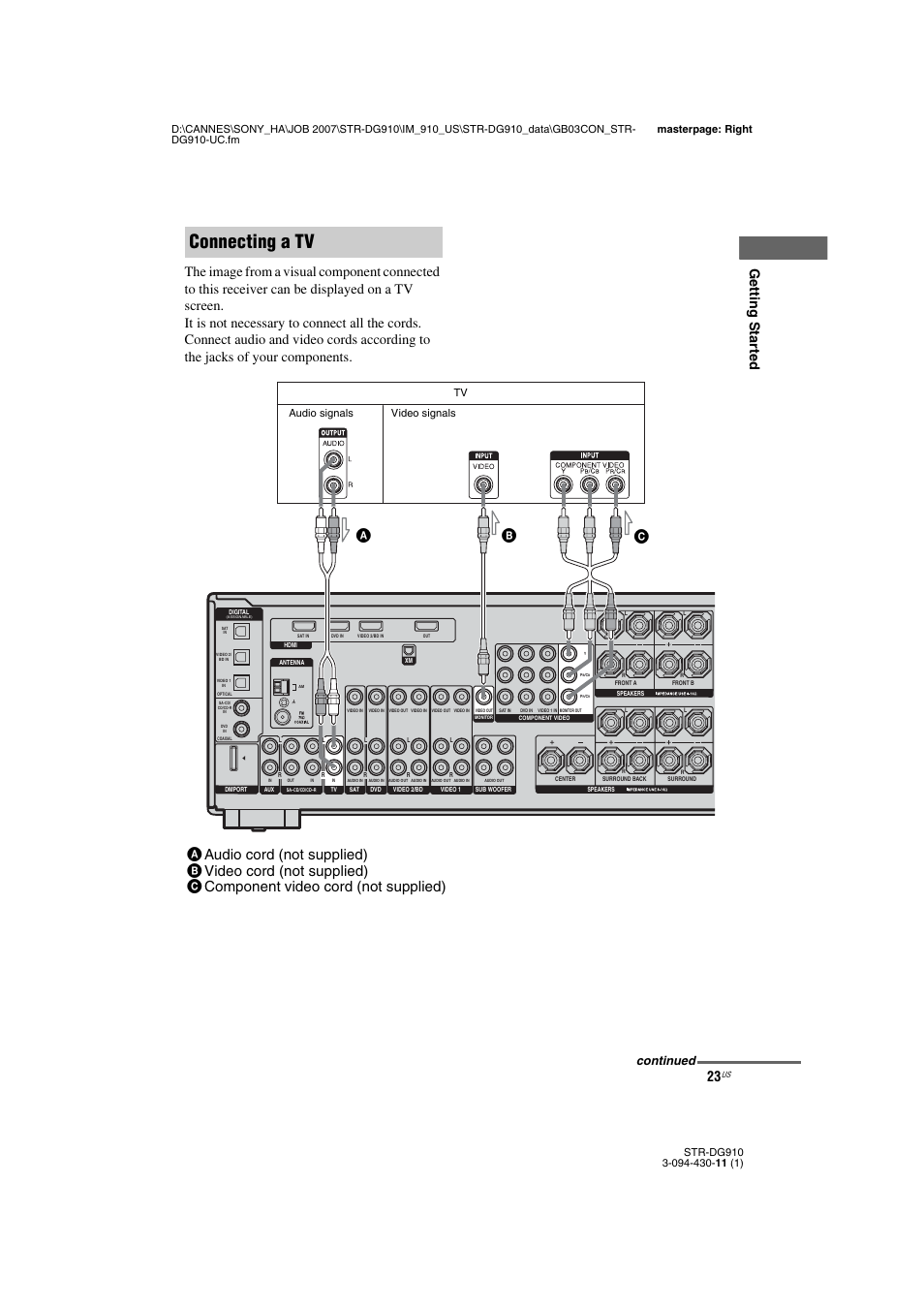 Age 23, Connecting a tv, Continued | Audio signals video signals | Sony STR-DG910 User Manual | Page 23 / 100