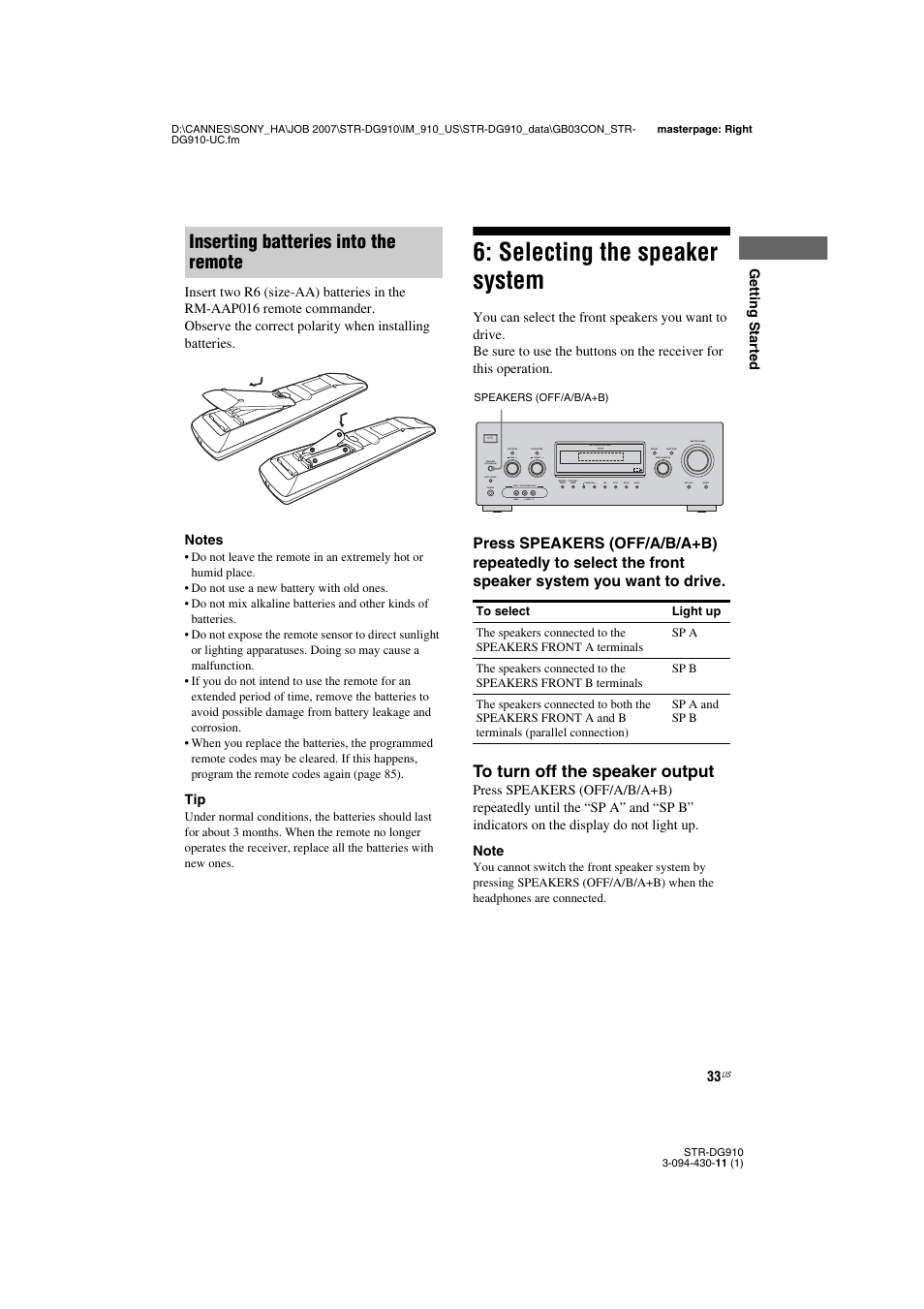 Selecting the speaker system, Inserting batteries into the remote, Multi channel decoding | Sony STR-DG910 User Manual | Page 33 / 100