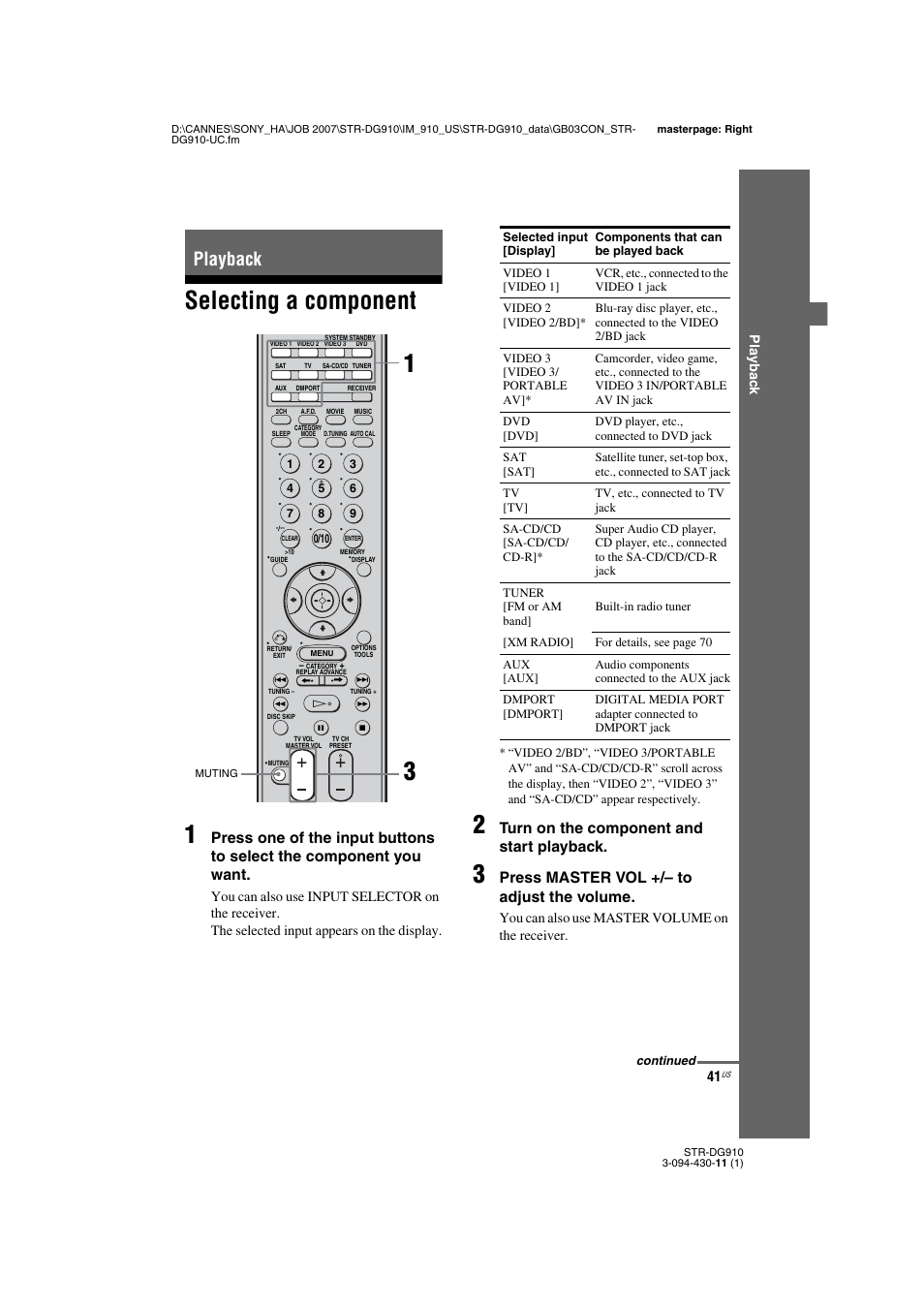 Playback, Selecting a component, Selecting a component 1 | Turn on the component and start playback, Press master vol +/– to adjust the volume | Sony STR-DG910 User Manual | Page 41 / 100