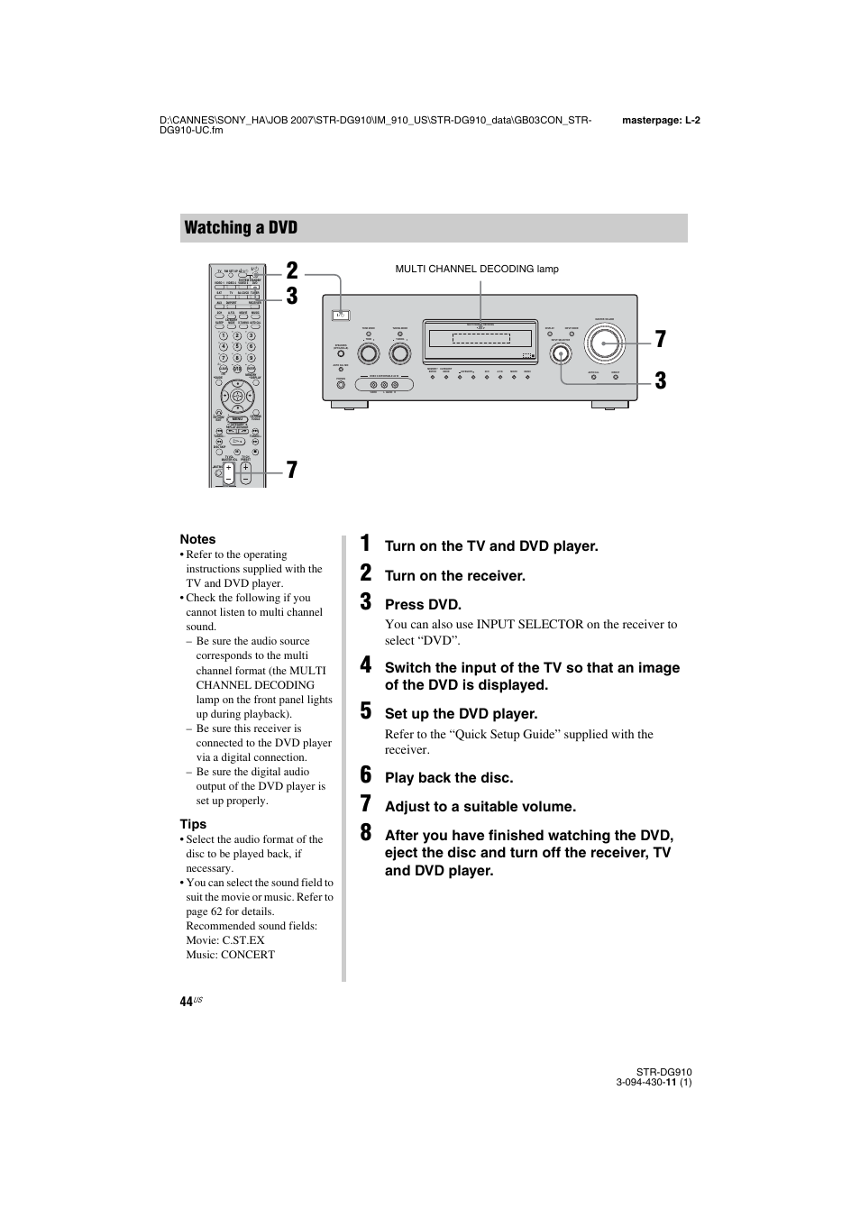 Watching a dvd, Turn on the tv and dvd player, Turn on the receiver | Press dvd, Set up the dvd player, Play back the disc, Adjust to a suitable volume, Tips, Multi channel decoding lamp | Sony STR-DG910 User Manual | Page 44 / 100