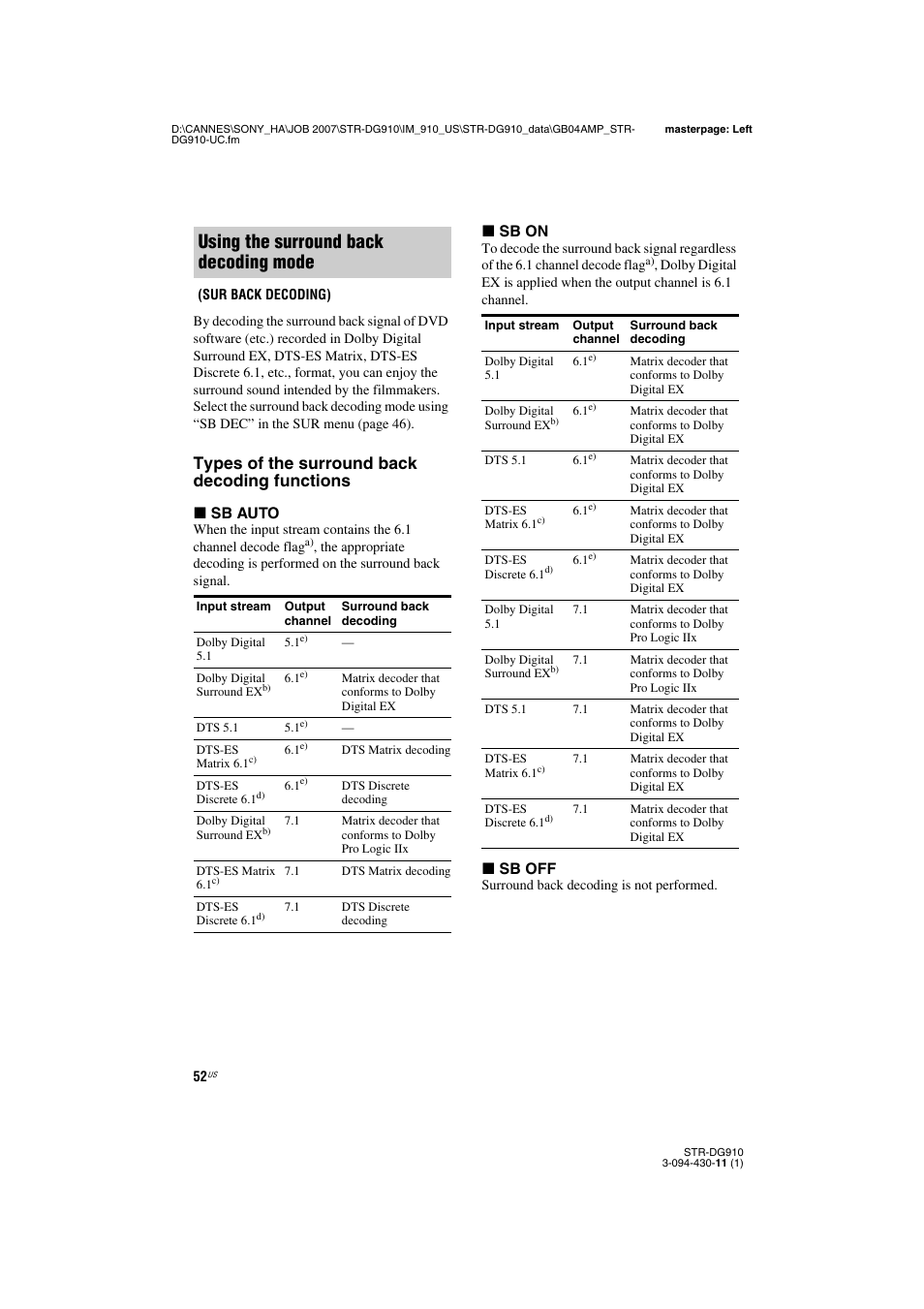 Using the surround back decoding mode, Types of the surround back decoding functions | Sony STR-DG910 User Manual | Page 52 / 100