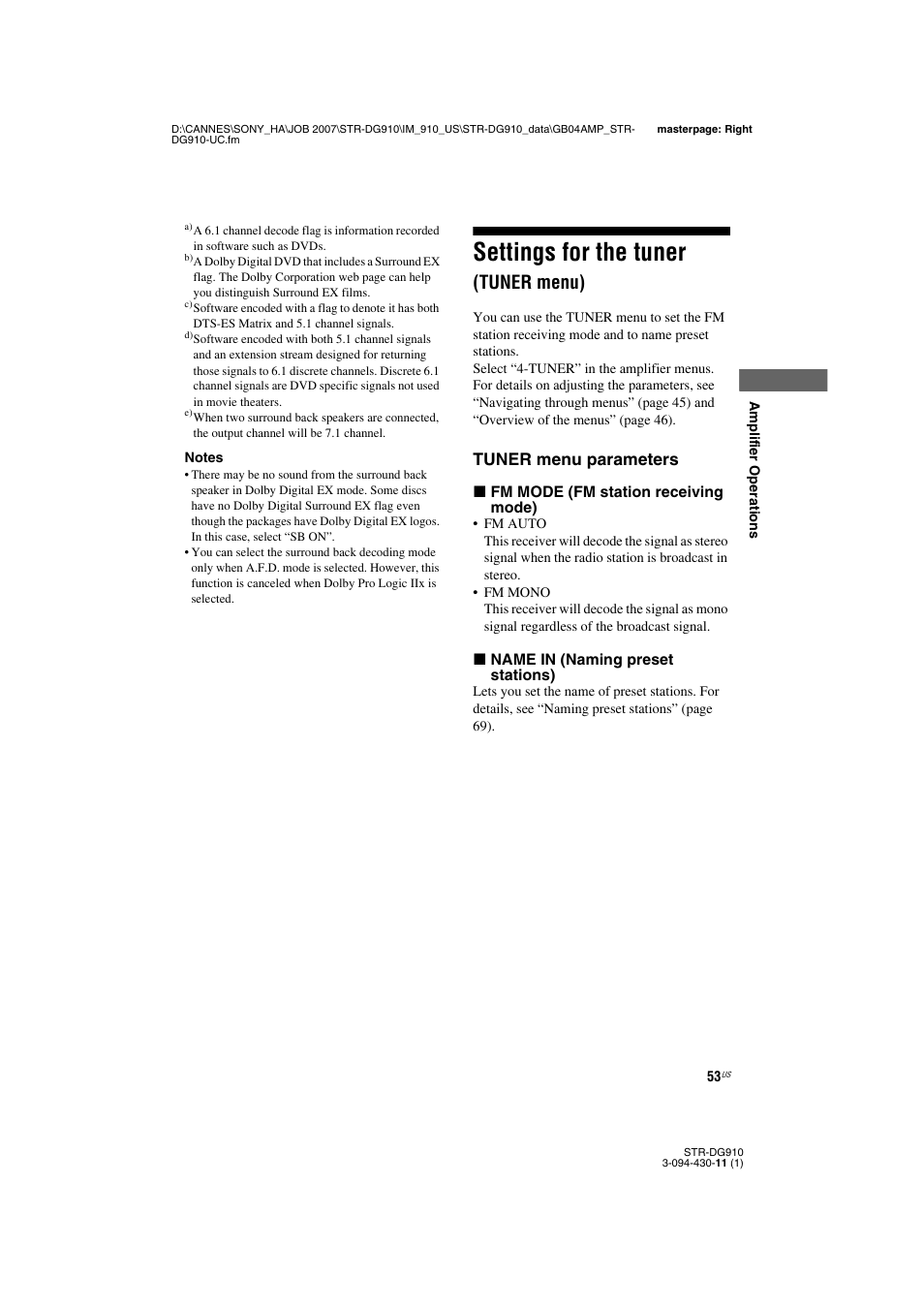 Settings for the tuner (tuner menu), Settings for the tuner, Tuner menu) | Tuner menu parameters | Sony STR-DG910 User Manual | Page 53 / 100
