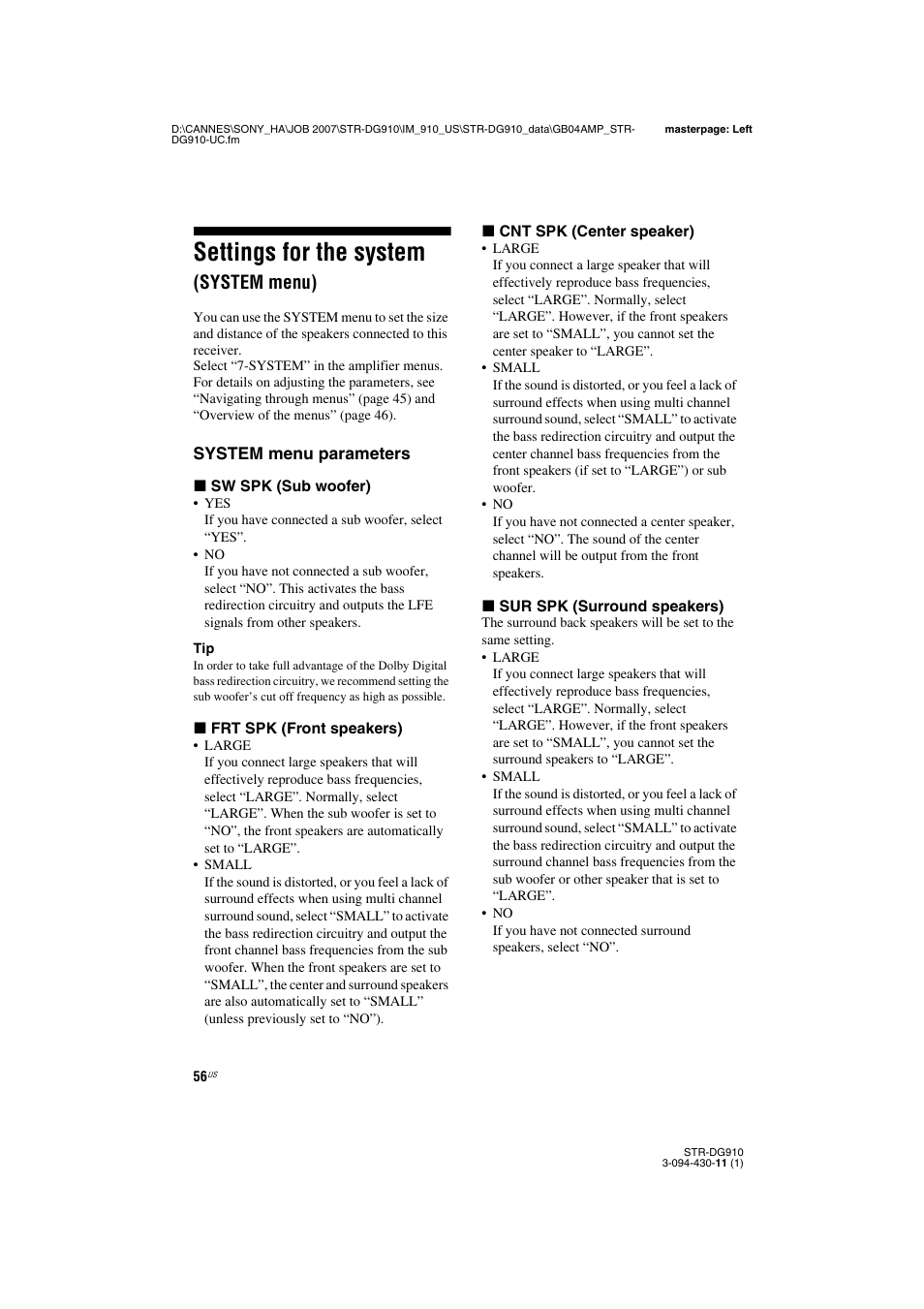 Settings for the system (system menu), Settings for the system, System menu) | Sony STR-DG910 User Manual | Page 56 / 100