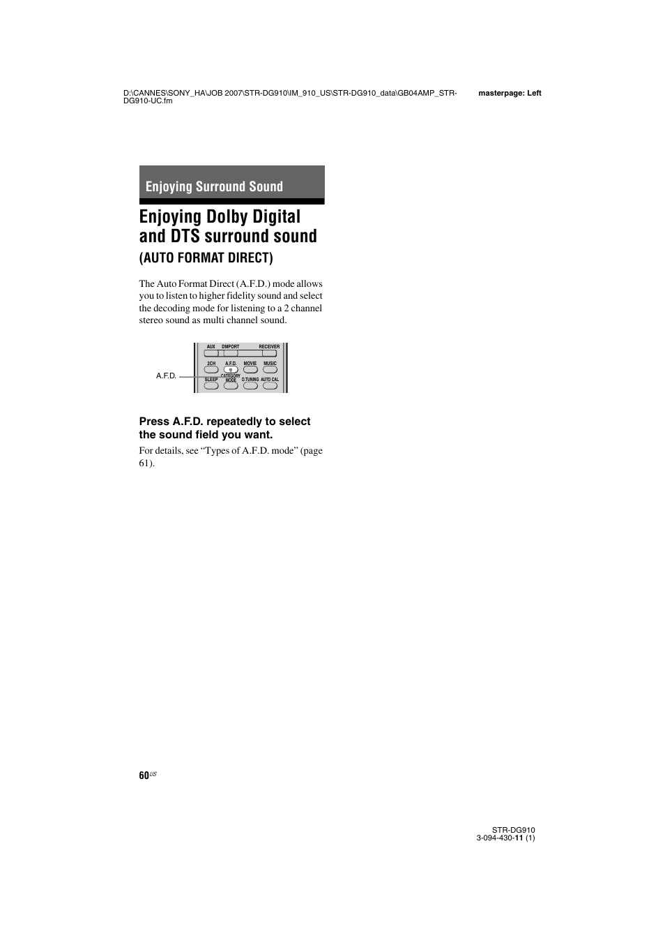 Enjoying surround sound, Enjoying dolby digital and dts surround, Sound (auto format direct) | Age 60, Enjoying dolby digital and dts surround sound, Auto format direct) | Sony STR-DG910 User Manual | Page 60 / 100