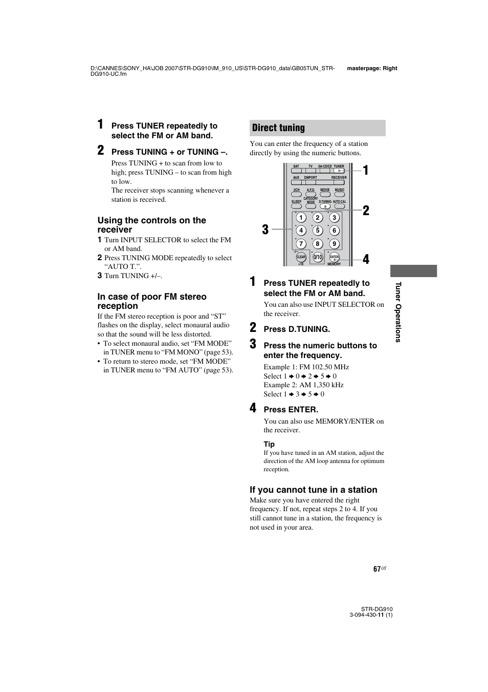 Direct tuning | Sony STR-DG910 User Manual | Page 67 / 100