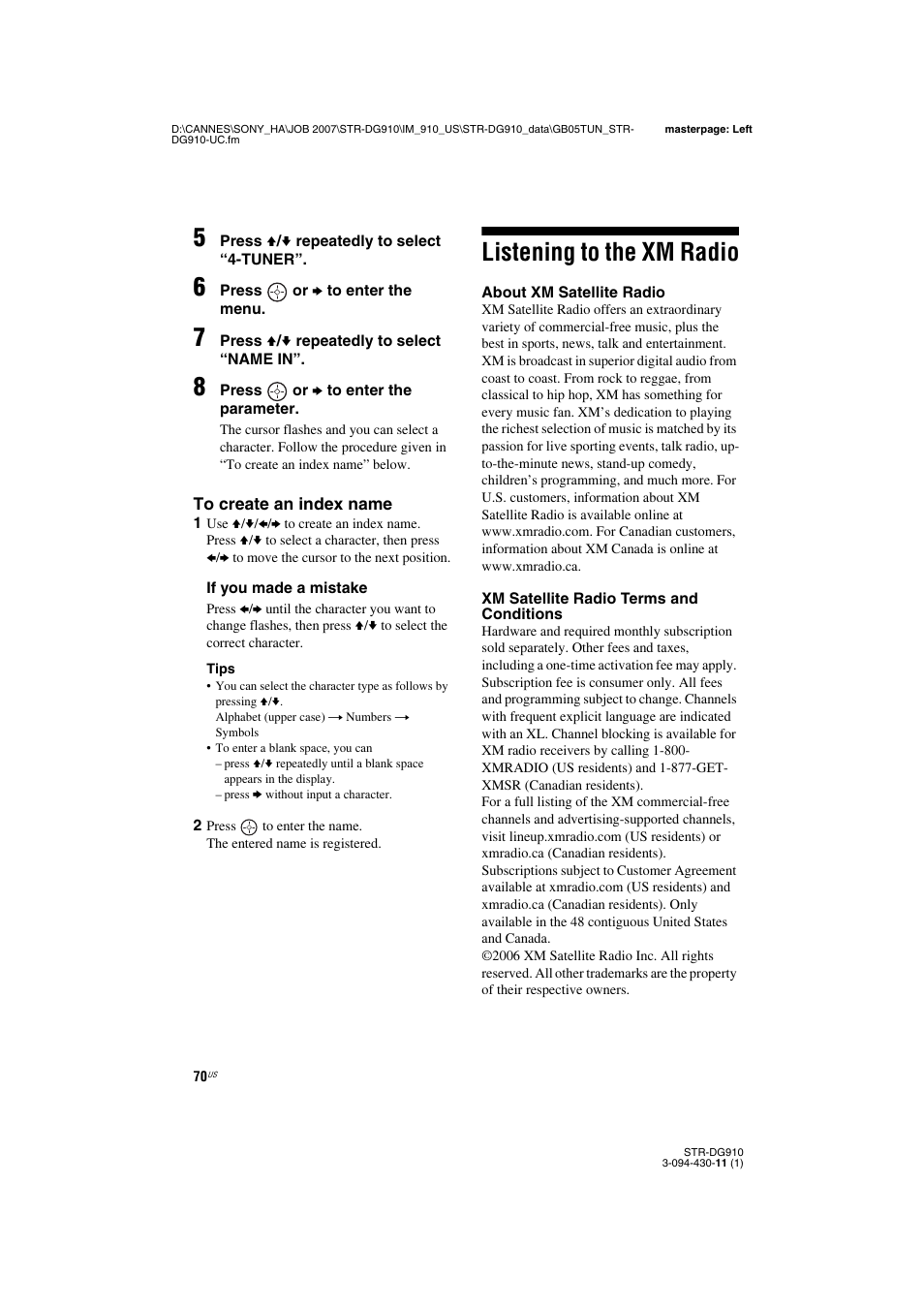 Listening to the xm radio | Sony STR-DG910 User Manual | Page 70 / 100