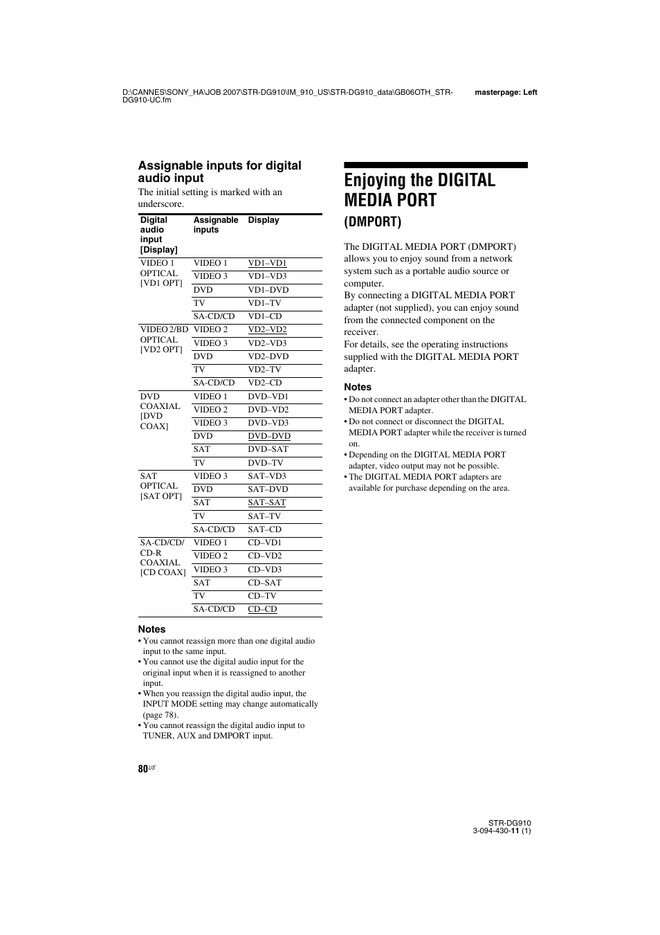 Enjoying the digital media port (dmport), Enjoying the digital media port, Dmport) | Assignable inputs for digital audio input | Sony STR-DG910 User Manual | Page 80 / 100