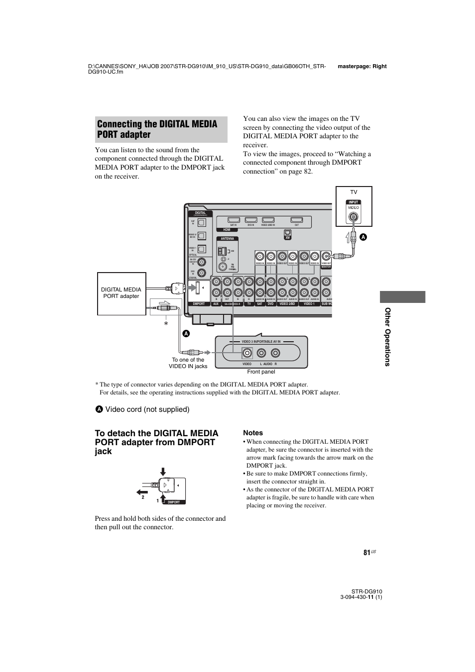 Connecting the digital media port adapter, Avideo cord (not supplied) | Sony STR-DG910 User Manual | Page 81 / 100