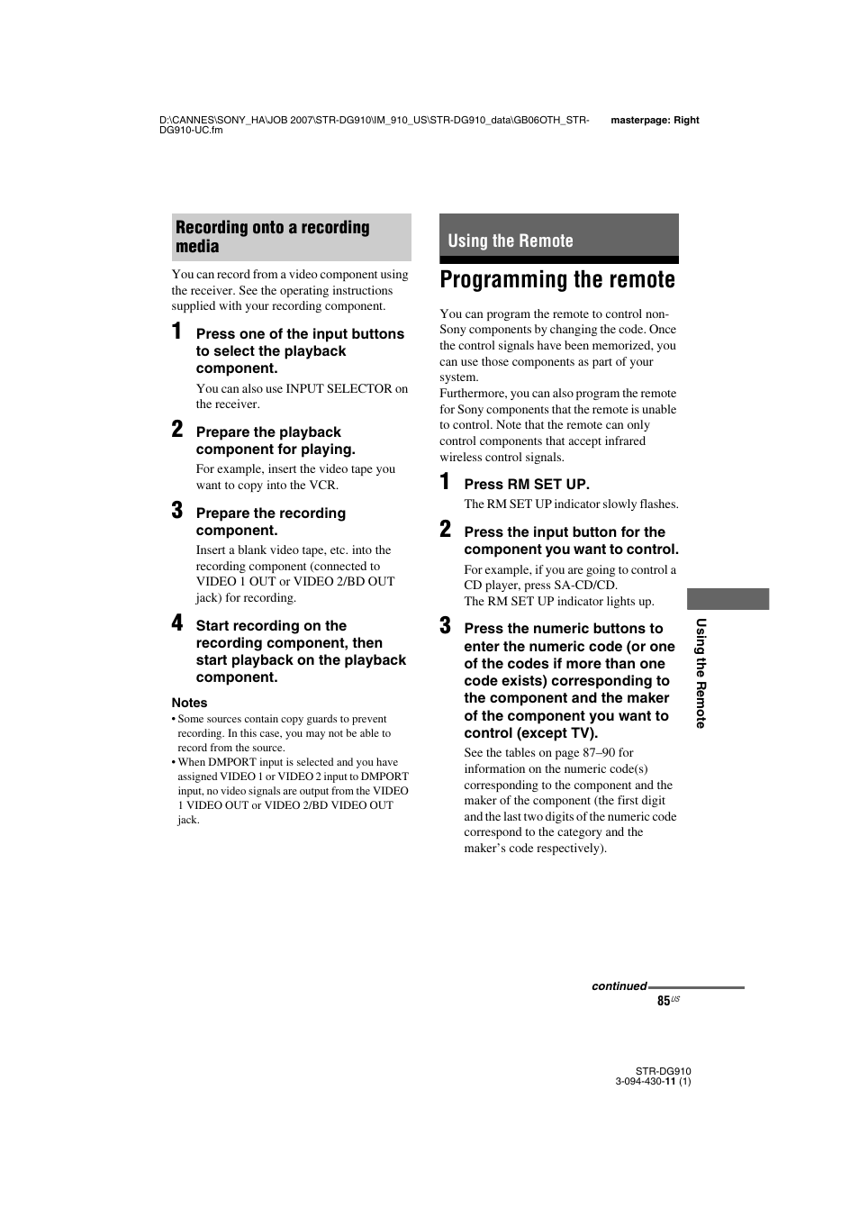 Using the remote, Programming the remote | Sony STR-DG910 User Manual | Page 85 / 100