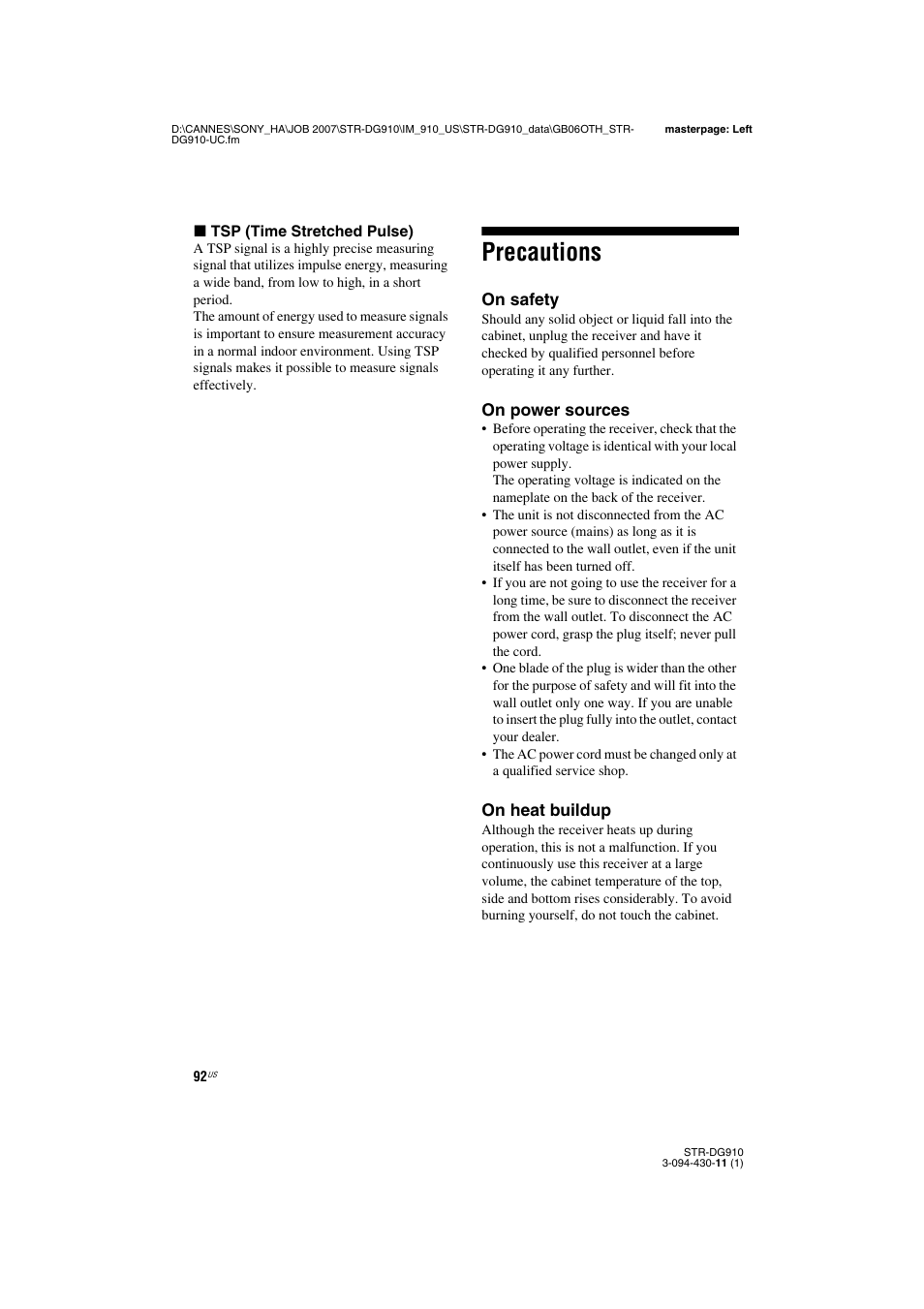 Precautions | Sony STR-DG910 User Manual | Page 92 / 100
