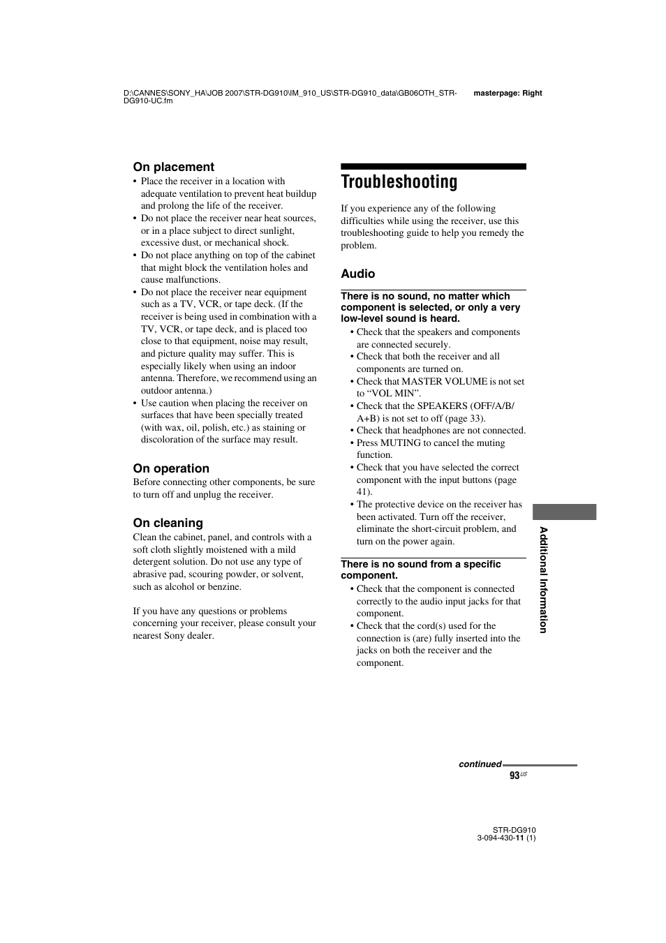 Troubleshooting | Sony STR-DG910 User Manual | Page 93 / 100