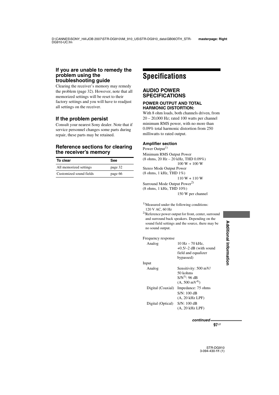 Specifications | Sony STR-DG910 User Manual | Page 97 / 100