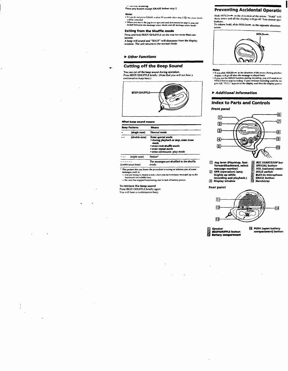 Exiting from the shuffle mode, Cutting off the beep sound, What baap sound maam | Baap pattams, To ratriava tha baap sound, Preventing accidental operatic, Index to parts and controls, Front panel, D rec start/stop but, Speqal button | Sony ICD-V21 User Manual | Page 7 / 9
