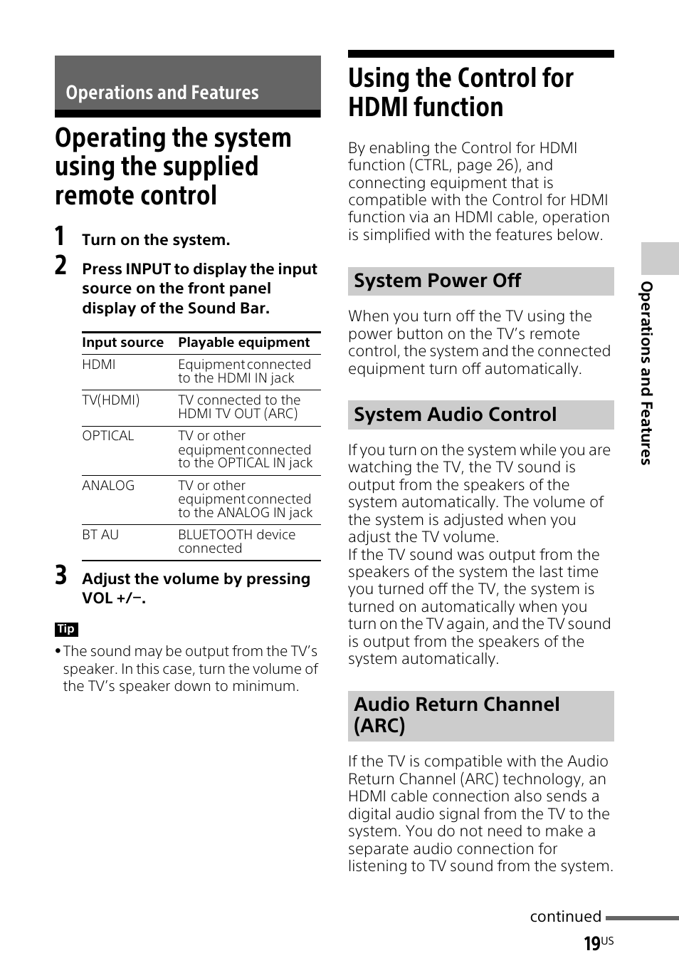 Operations and features, Using the control for hdmi function, Operating the system | Using the supplied remote control, Using the control for hdmi, Function | Sony HT-CT260H User Manual | Page 19 / 108