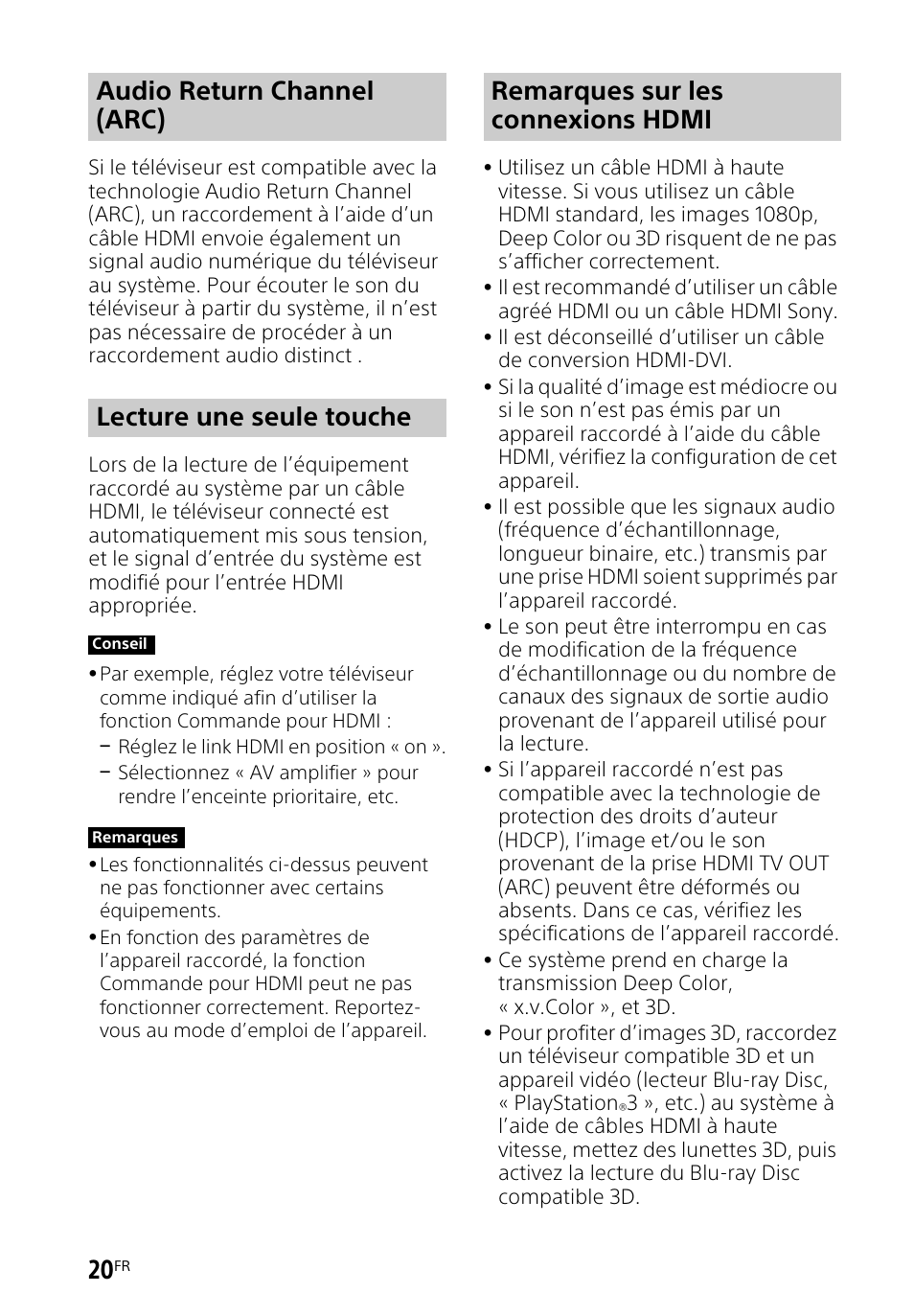 Remarques sur les connexions hdmi | Sony HT-CT260H User Manual | Page 54 / 108