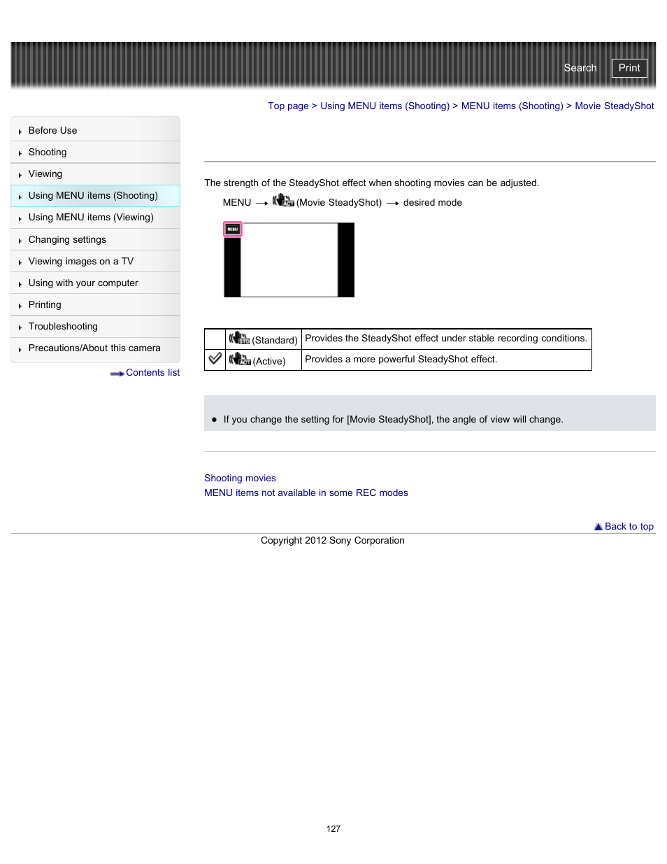 Movie steadyshot, Cyber-shot user guide | Sony DSC-TX20 User Manual | Page 127 / 262