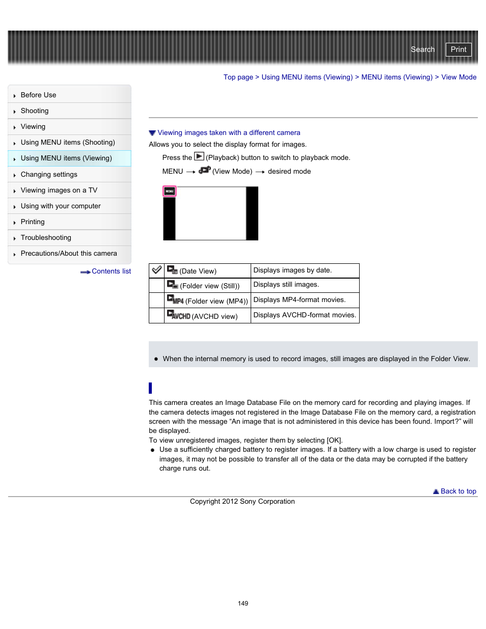 View mode, Cyber-shot user guide | Sony DSC-TX20 User Manual | Page 149 / 262
