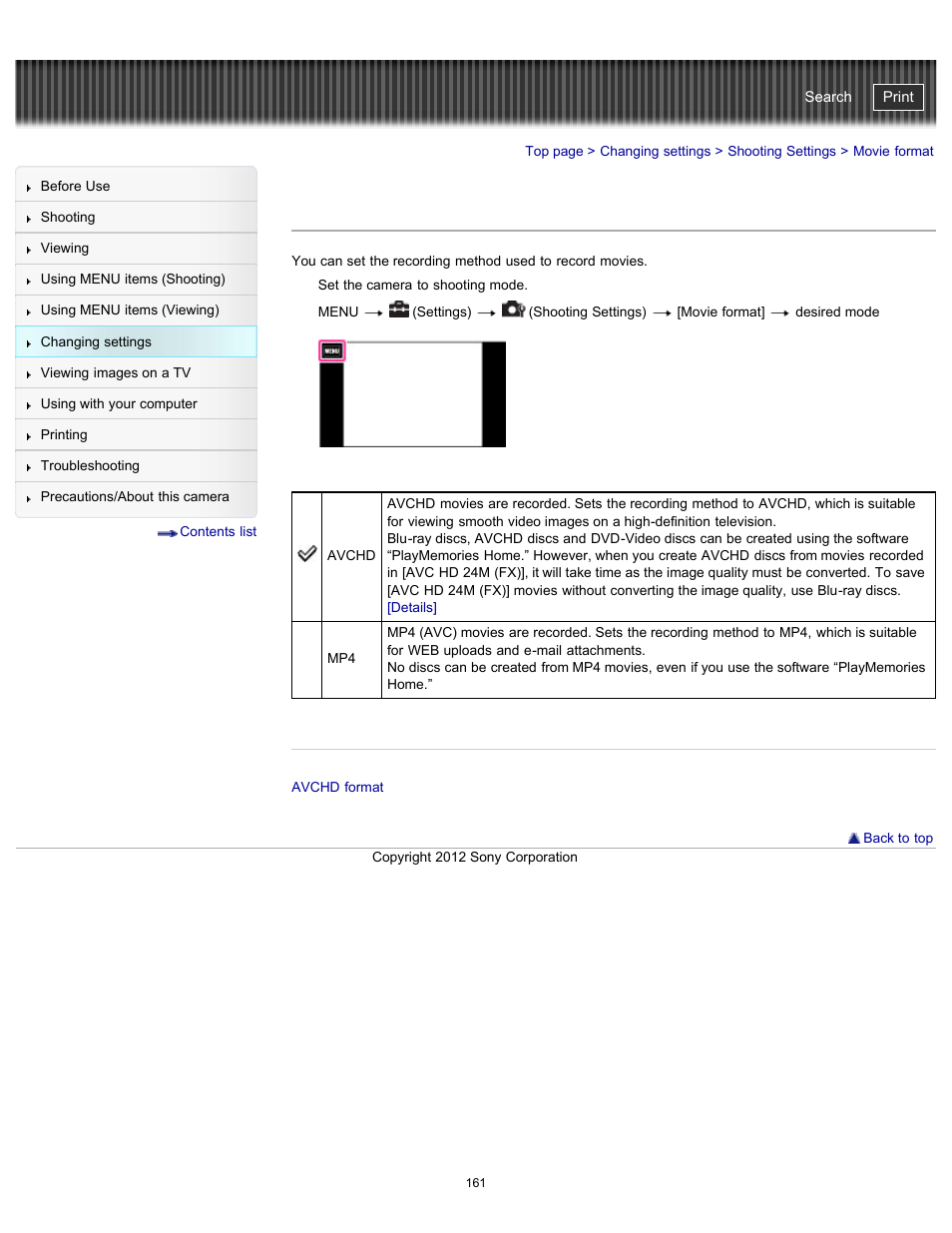 Movie format, Details, Cyber-shot user guide | Sony DSC-TX20 User Manual | Page 161 / 262