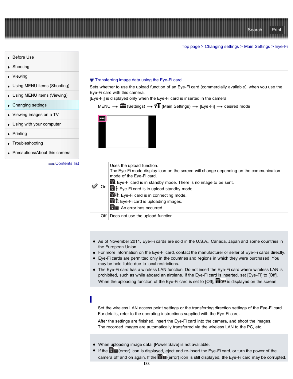 Eye-fi, Cyber-shot user guide | Sony DSC-TX20 User Manual | Page 188 / 262