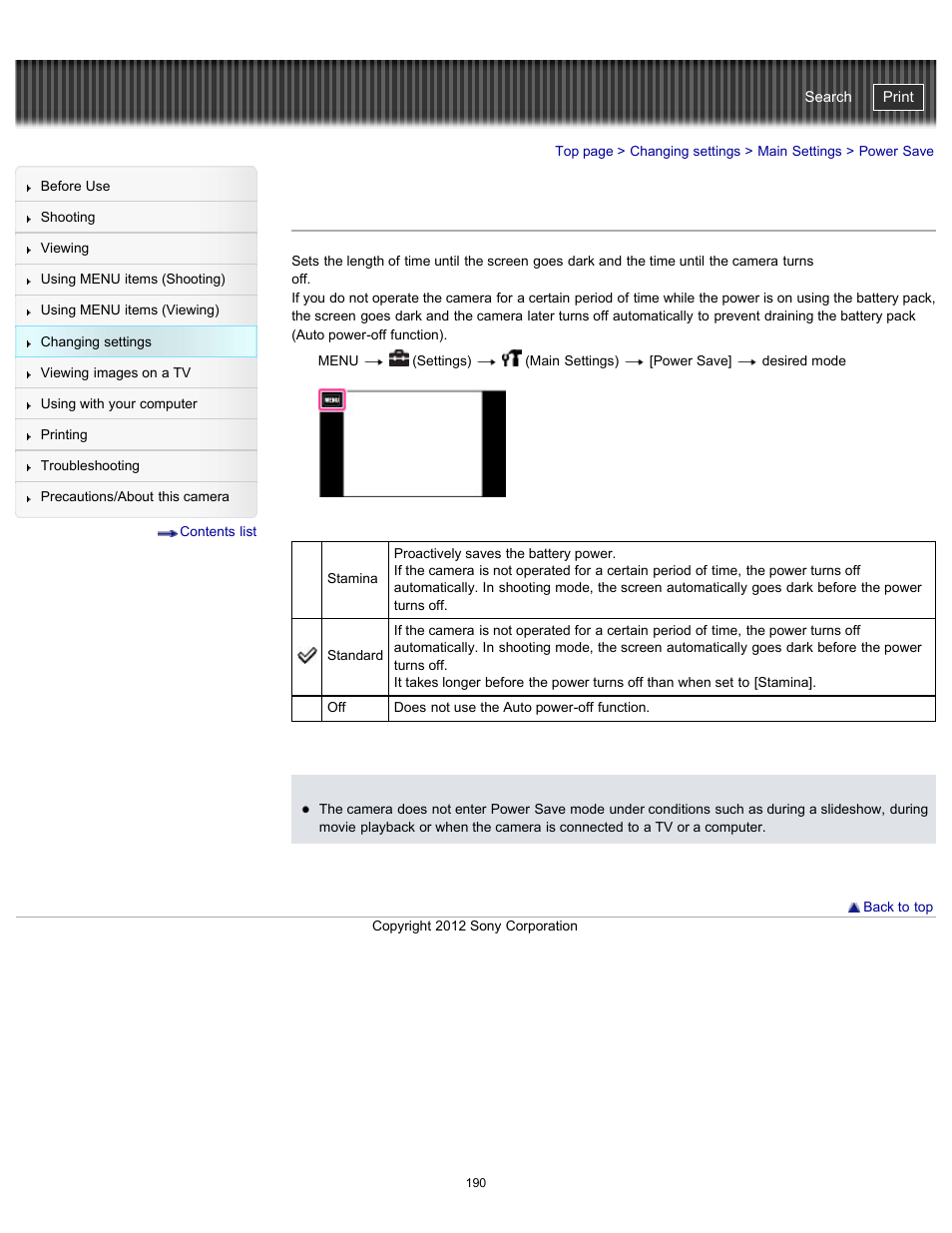 Power save, Cyber-shot user guide | Sony DSC-TX20 User Manual | Page 190 / 262
