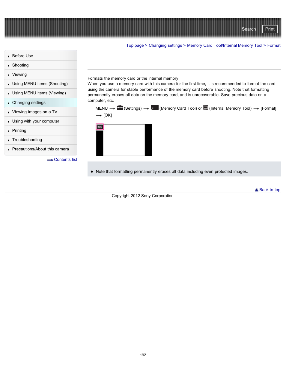 Format, Cyber-shot user guide | Sony DSC-TX20 User Manual | Page 192 / 262