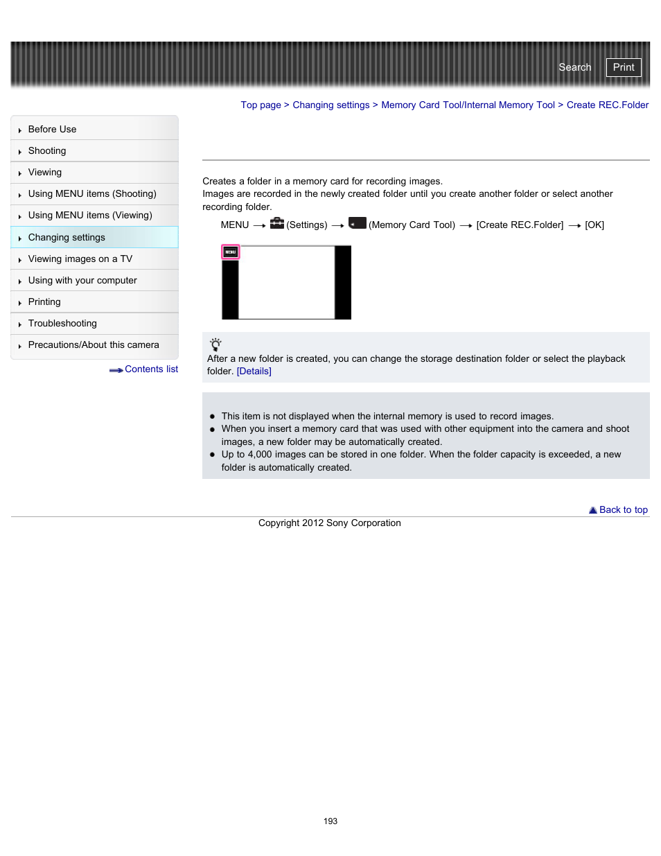 Create rec.folder, Cyber-shot user guide | Sony DSC-TX20 User Manual | Page 193 / 262