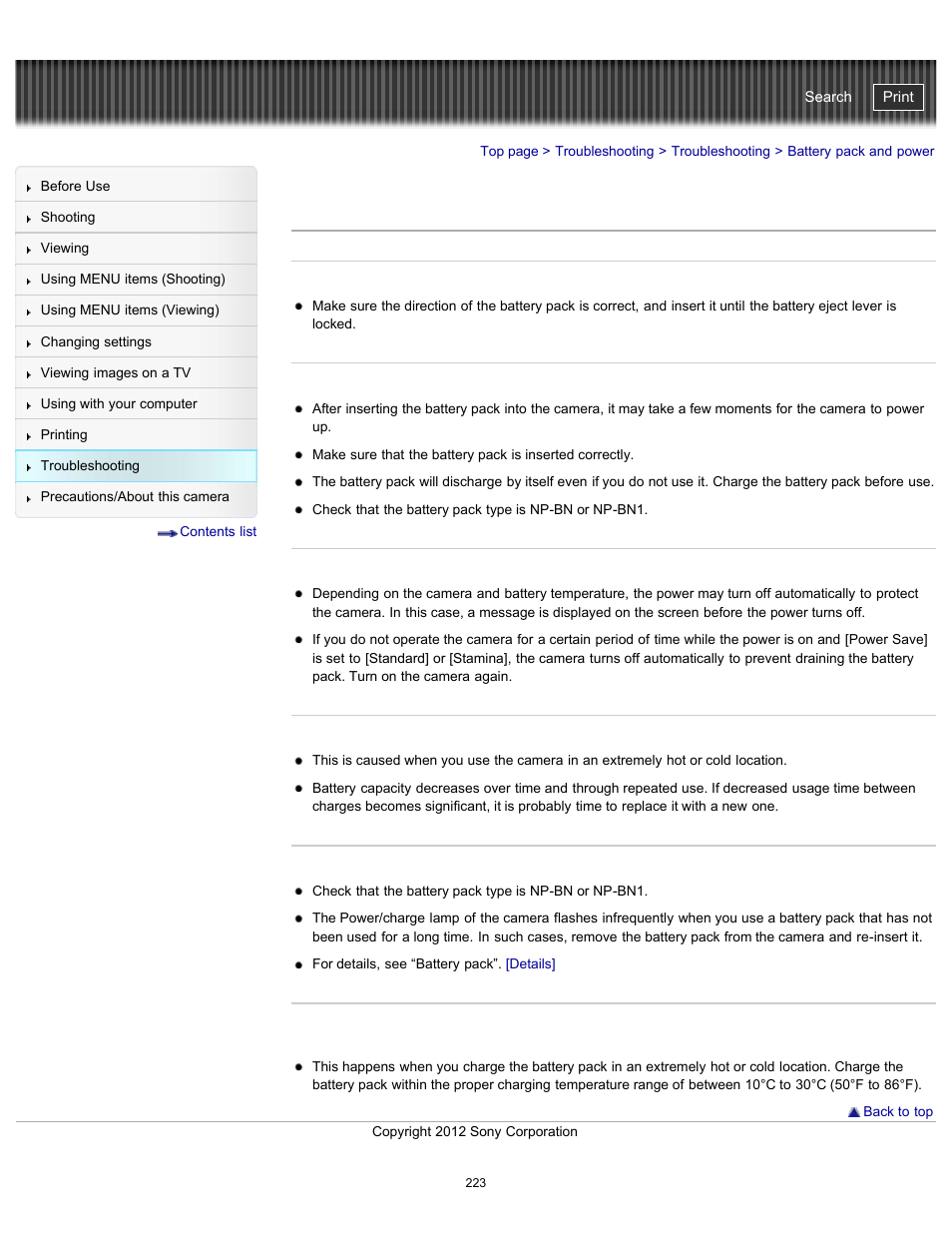 Battery pack and power, Cyber-shot user guide | Sony DSC-TX20 User Manual | Page 223 / 262