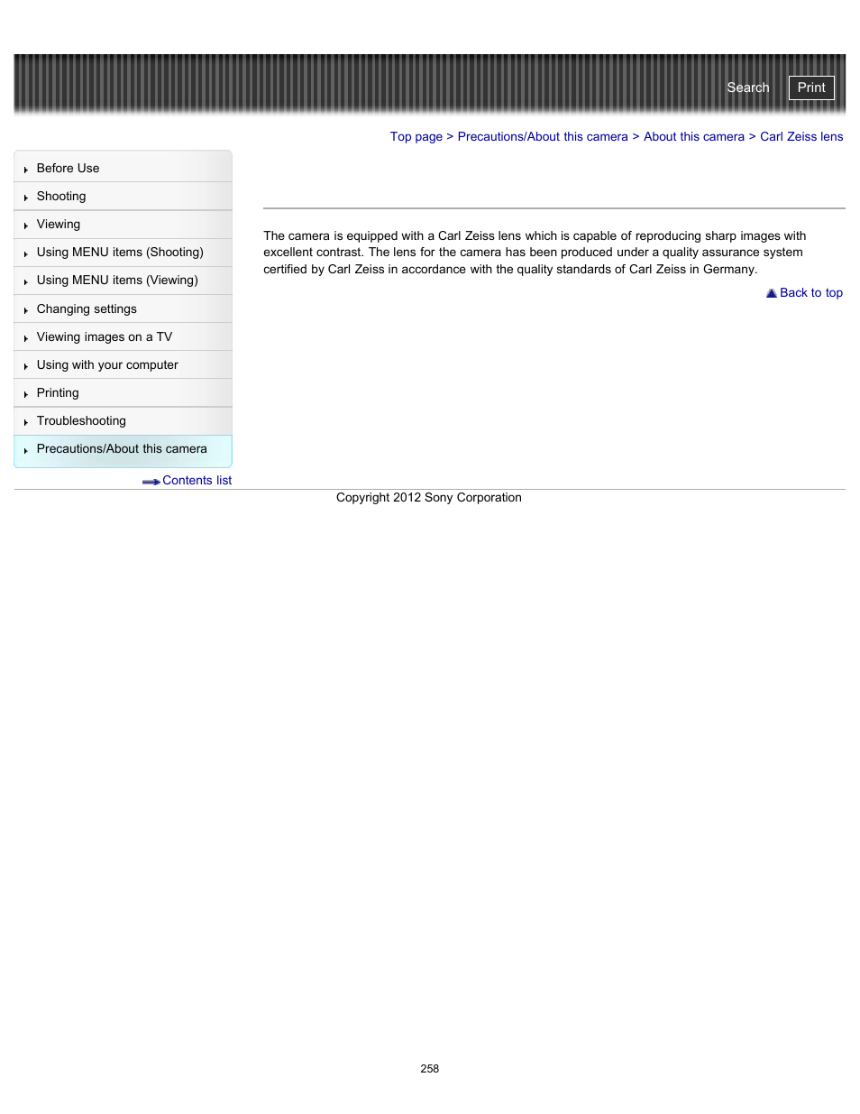 Carl zeiss lens, Cyber-shot user guide | Sony DSC-TX20 User Manual | Page 258 / 262