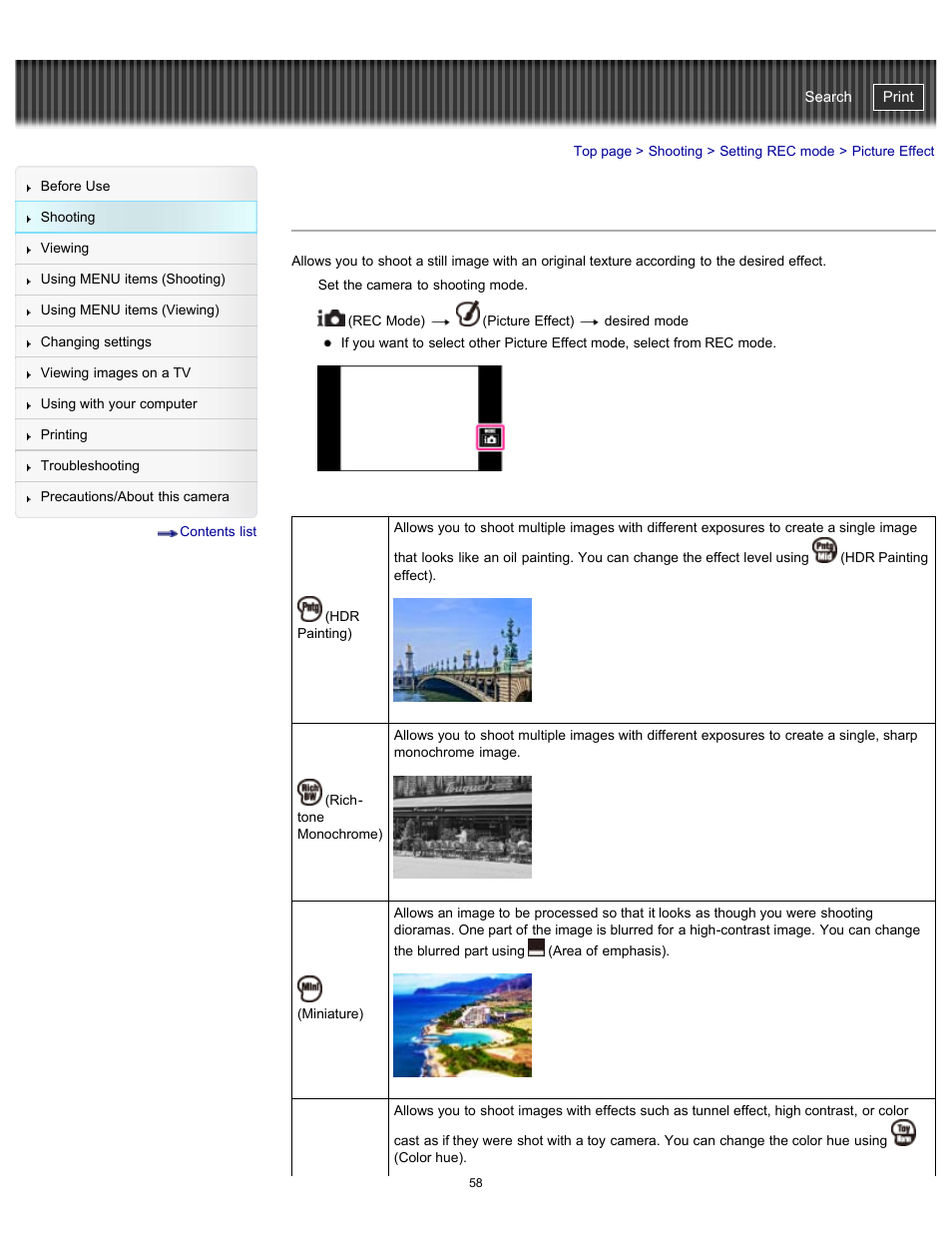 Picture effect, Details, Cyber-shot user guide | Sony DSC-TX20 User Manual | Page 58 / 262