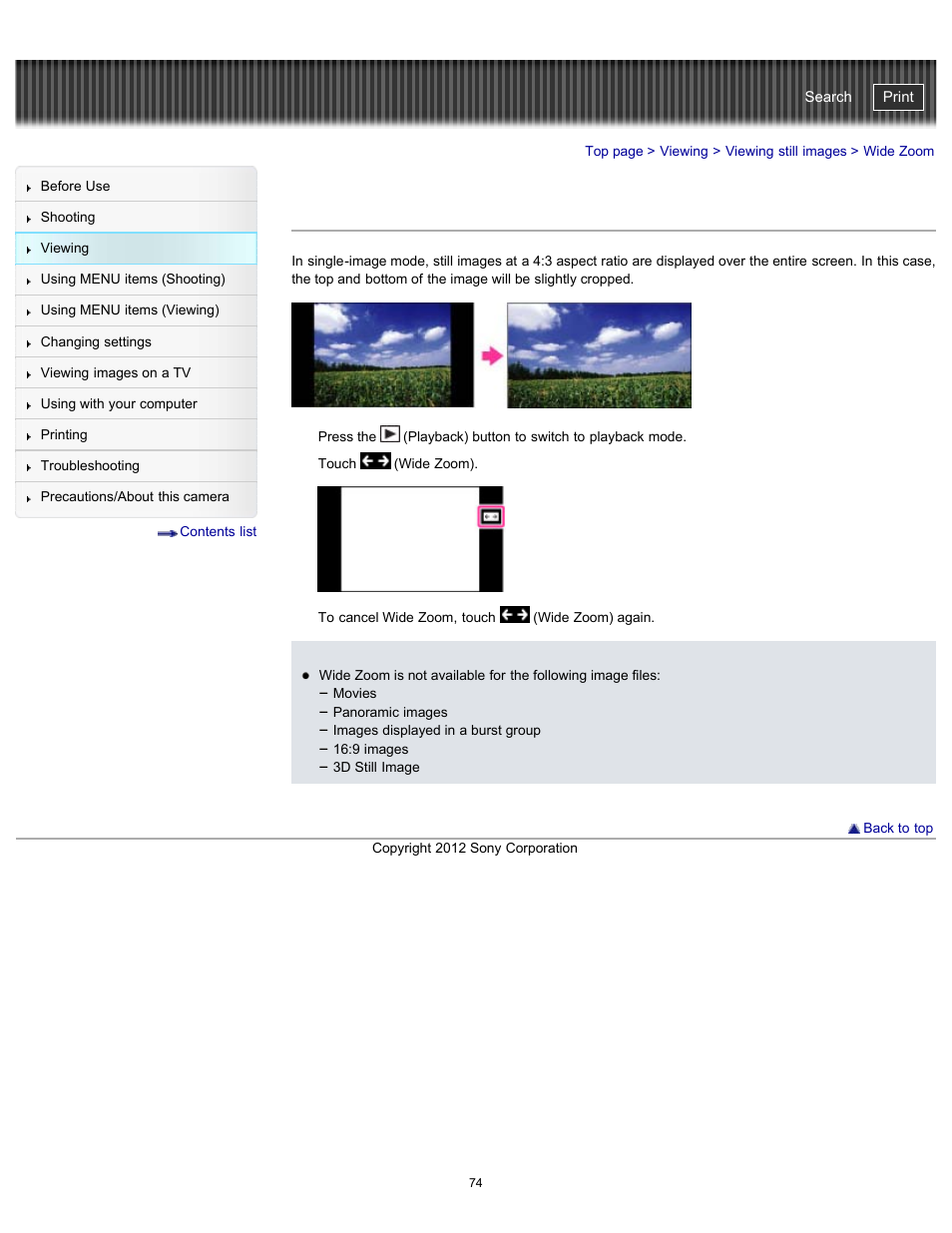Wide zoom, Cyber-shot user guide | Sony DSC-TX20 User Manual | Page 74 / 262
