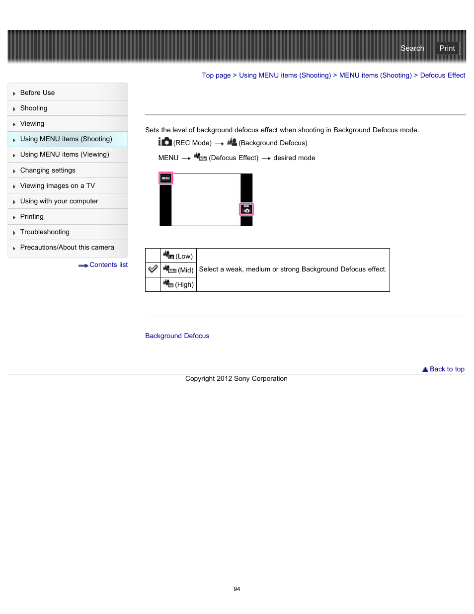 Defocus effect, Cyber-shot user guide | Sony DSC-TX20 User Manual | Page 94 / 262