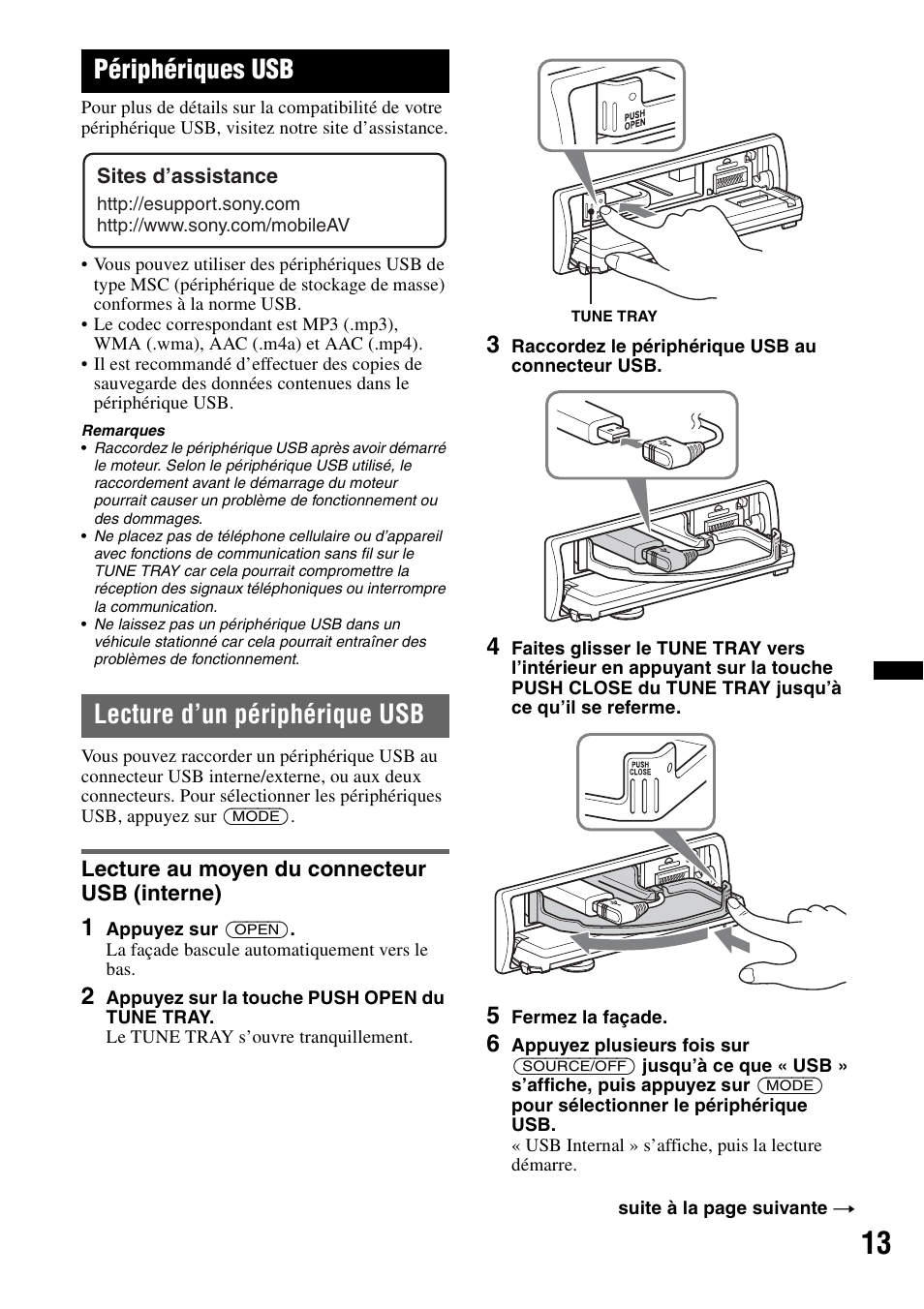 Périphériques usb, Lecture d’un périphérique usb, Lecture au moyen du connecteur usb (interne) | Sony DSX-S200X User Manual | Page 45 / 104