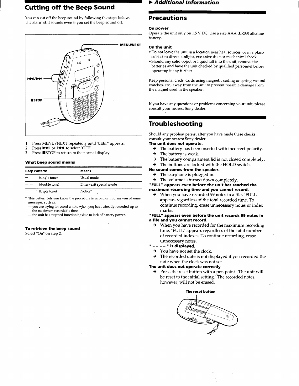 What beep sound means, To retrieve the beep sound, On power | On the unit, The unit does not operate, No sound comes from the speaker, Is dispiayed, The unit does not operate correctly, Cutting off the beep sound, Precautions | Sony ICD-30 User Manual | Page 7 / 8