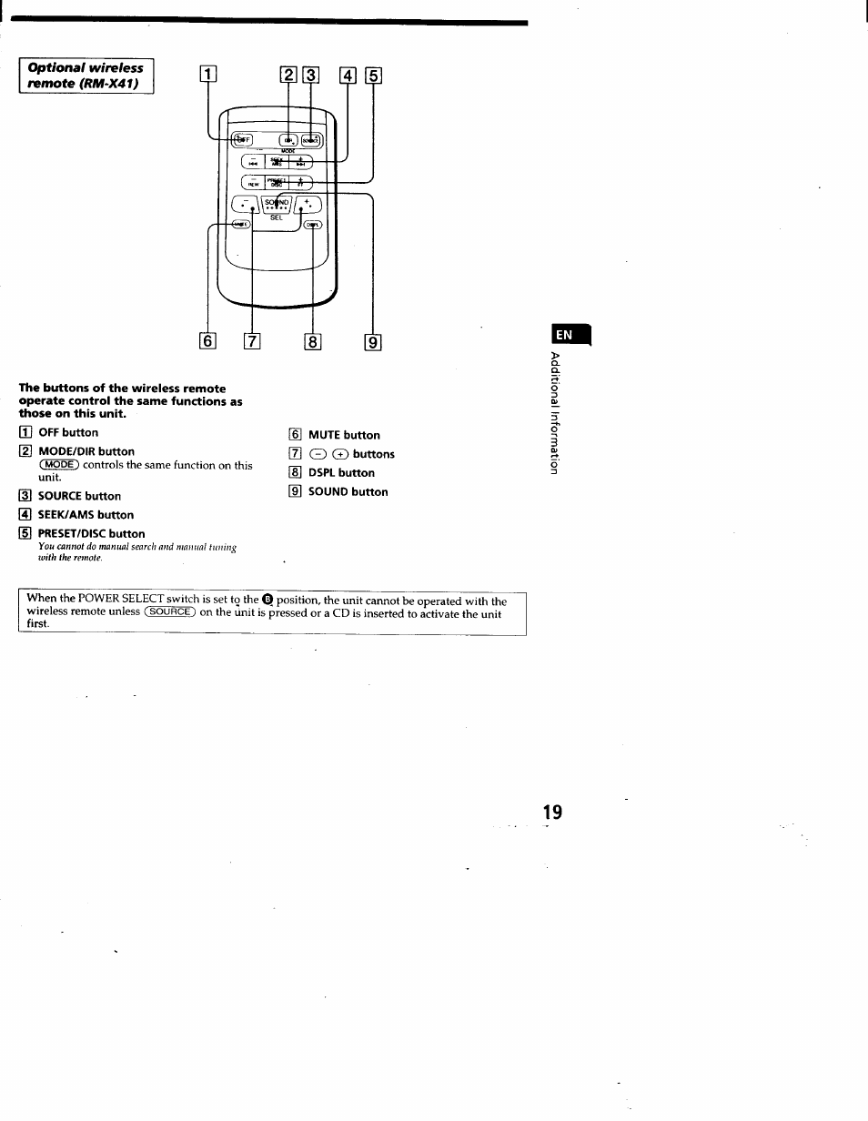 Q] off button, 2] mode/dir button, 6] mute button s g3 & buttons | 8] dspl button, 9] sound button, S g3 | Sony CDX-C460 User Manual | Page 19 / 23