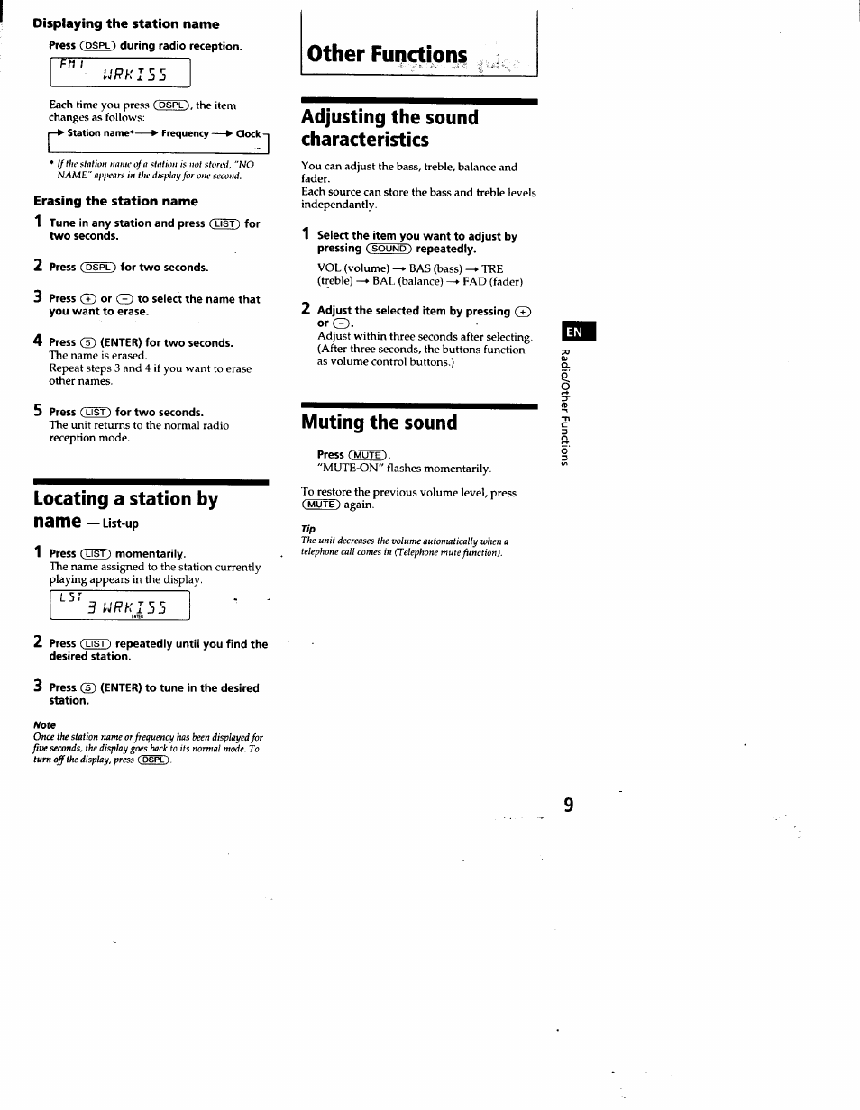 Displaying the station name, Erasing the station name, Locating a station by name — ust-up | Other functions, Adjusting the sound characteristics, Muting the sound, Locating a station by name — ust-up 1 | Sony CDX-C460 User Manual | Page 9 / 23