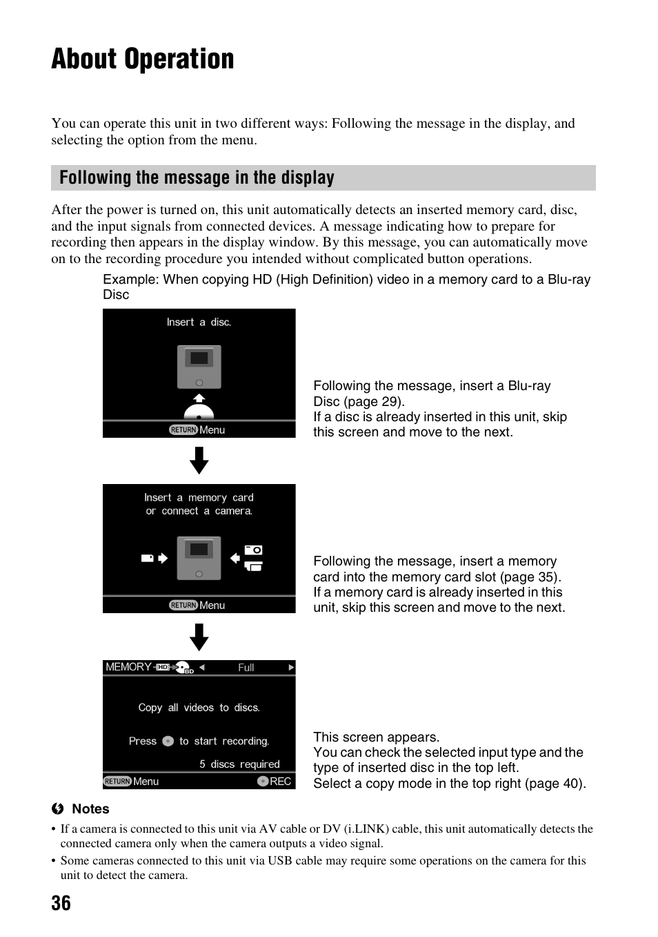 About operation, Following the message in the display | Sony VBD-MA1 User Manual | Page 36 / 84