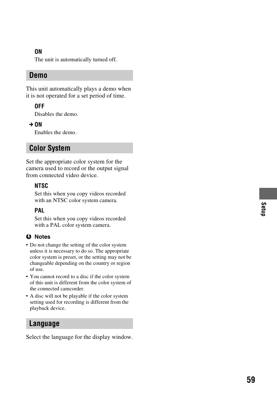 Demo, Color system, Language | Demo color system language | Sony VBD-MA1 User Manual | Page 59 / 84