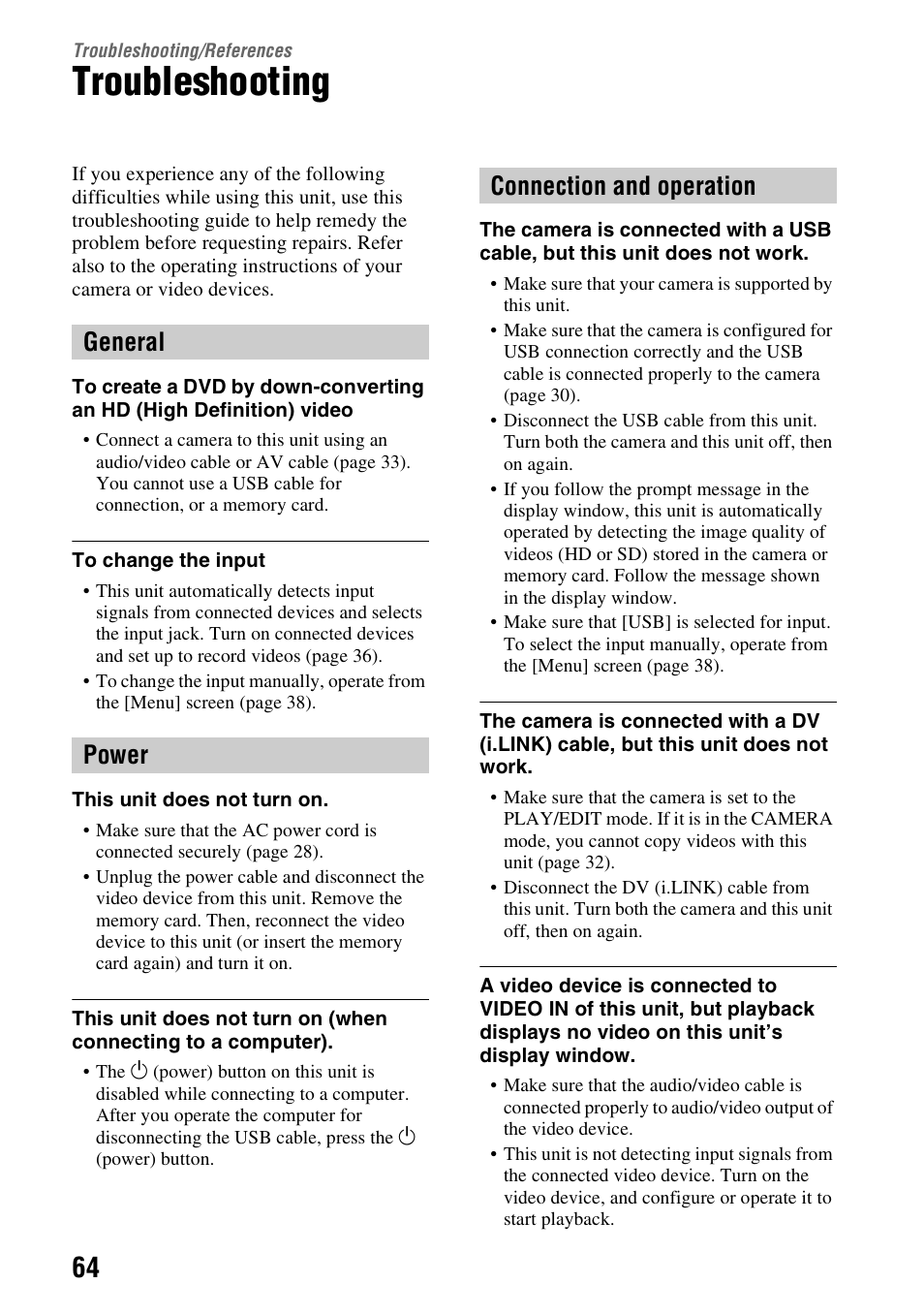 Troubleshooting/references, Troubleshooting, References | General power connection and operation | Sony VBD-MA1 User Manual | Page 64 / 84