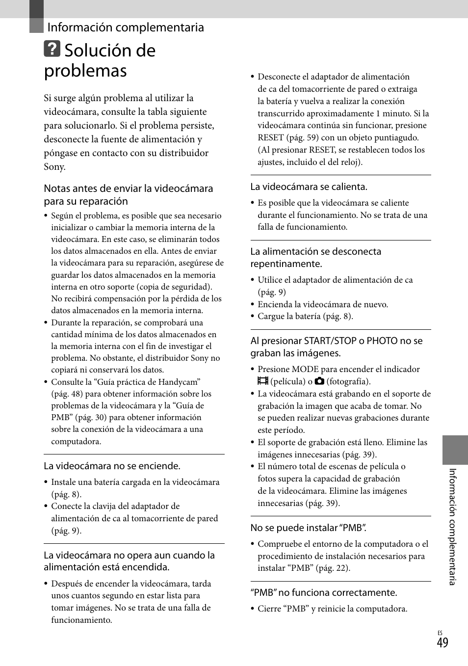 Información complementaria, Solución de problemas | Sony HDR-CX100 User Manual | Page 111 / 124